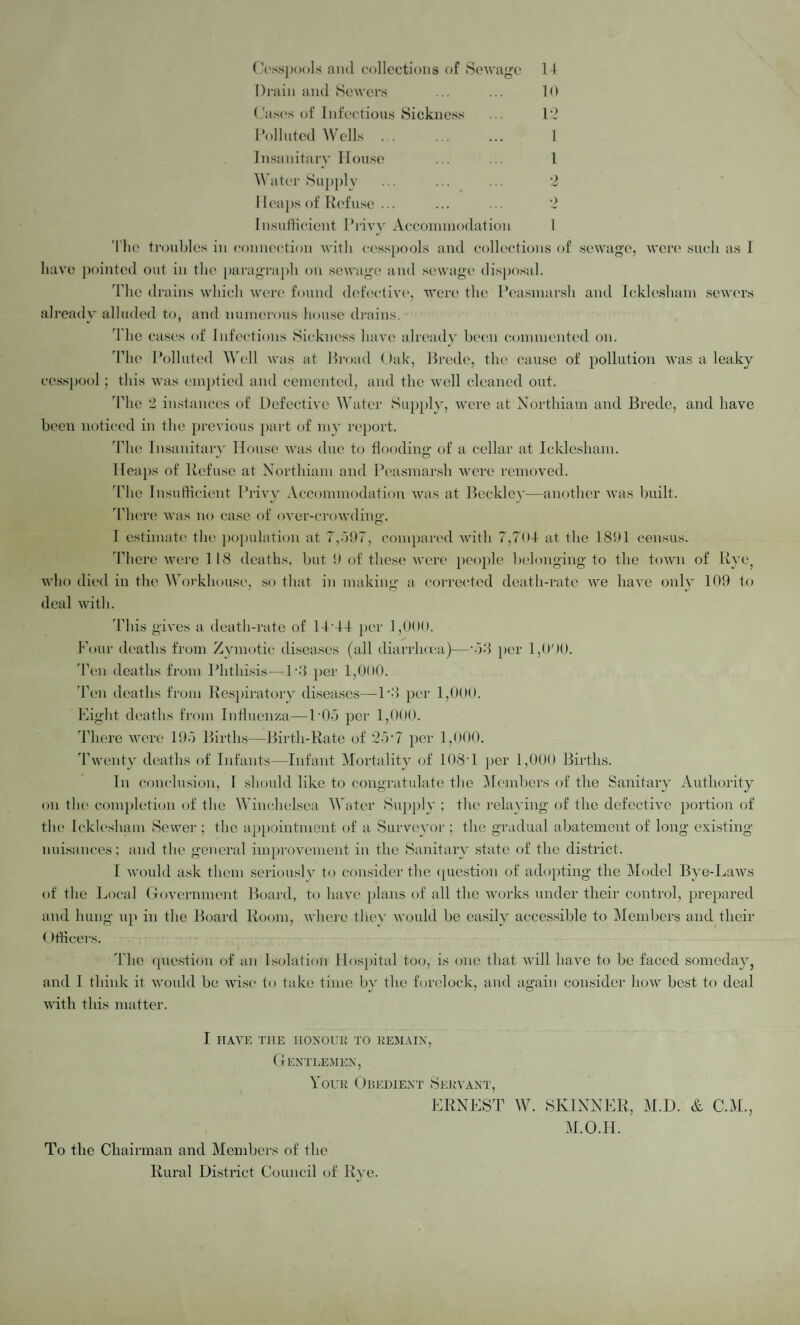 Cesspools ancl collections of Sewage 14 Drain and Sewers ... ... 10 12 1 1 2 o Cases of Infectious Sickness Polluted Wells ... Insanitary House Water Supply I leaps of Refuse ... Insufficient Privy Accommodation 1 Hie troubles in connection with cesspools and collections of sewage, were such as I have pointed out in the paragraph on sewage and sewage disposal. The drains which were found defective, were the Peasmarsh and Icklesham sewers already alluded to, and numerous house drains. The cases of Infections Sickness have already been commented on. The Polluted Well was at Broad Oak, Brede, the cause of pollution was a leaky cesspool; this was emptied and cemented, and the well cleaned out. The 2 instances of Defective Water Supply, were at Northiam and Brede, and have been noticed in the previous part of my report. The Insanitary House was due to flooding of a cellar at Icklesham. Heaps of Refuse at Northiam and Peasmarsh were removed. The Insufficient Privv Accommodation was at Beckley—another was built. There was no case of over-crowding. I estimate the population at 7,597, compared with 7,704 at the 1891 census. There were 1 18 deaths, but 9 of these were people belonging to the town of Rye who died in the Workhouse, so that in making a corrected death-rate we have only 109 to deal with. This gives a death-rate of 14-44 per 1,000. Four deaths from Zymotic diseases (all diarrhoea)—‘53 per 1,000. Ten deaths from Phthisis—1*3 per 1,000. Ten deaths from Respiratory diseases—-P3 per 1,000. Eight deaths from Influenza—105 per 1,000. There were 195 Births—Birth-Rate of 25’7 per 1,000. Twenty deaths of Infants—Infant Mortality of 108T per 1,000 Births. In conclusion, I should like to congratulate the Members of the Sanitary Authority on the completion of the Winchelsea Water Supply ; the relaying of the defective portion of the Icklesham Sewer; the appointment of a Surveyor ; the gradual abatement of long existing nuisances; and the general improvement in the Sanitary state of the district. I would ask them seriously to consider the question of adopting the Model Bye-Laws of the Local Government Board, to have plans of all the works under their control, prepared and hung up in the Board Room, where they would be easily accessible to Members and their Officers. The question of an Isolation Hospital too, is one that will have to be faced someday, and I think it would be wise to take time by the forelock, and again consider how best to deal with this matter. I HAVE THE HONOUR TO REMAIN, Gentlemen, Your Obedient Servant, ERNEST W. SKINNER, M.D. & C.M., M.O.H. To the Chairman and Members of the Rural District Council of Rye.