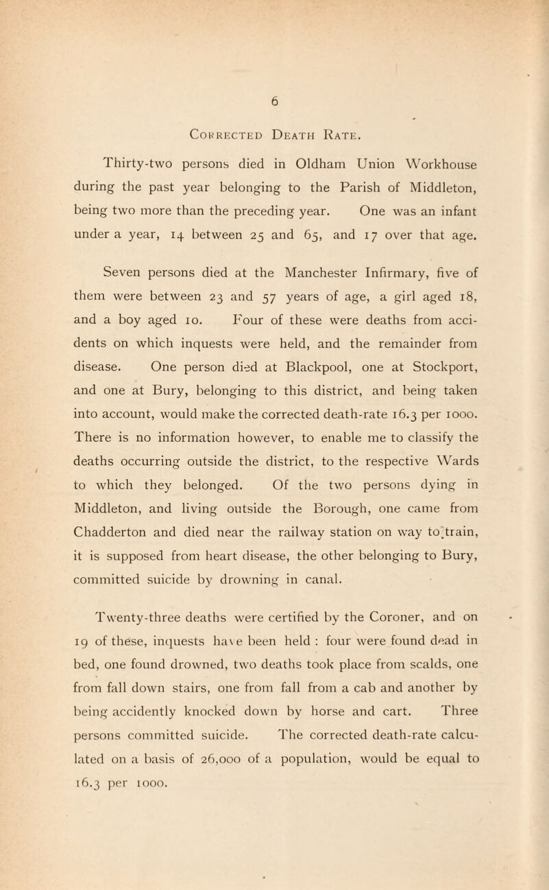 Corrected Death Rate. Thirty-two persons died in Oldham Union Workhouse during the past year belonging to the Parish of Middleton, being two more than the preceding year. One was an infant under a year, 14 between 25 and 65, and 17 over that age. Seven persons died at the Manchester Infirmary, five of them were between 23 and 57 years of age, a girl aged 18, and a boy aged 10. Four of these were deaths from acci¬ dents on which inquests were held, and the remainder from disease. One person died at Blackpool, one at Stockport, and one at Bury, belonging to this district, and being taken into account, would make the corrected death-rate 16.3 per 1000. There is no information however, to enable me to classify the deaths occurring outside the district, to the respective Wards to which they belonged. Of the two persons dying in Middleton, and living outside the Borough, one came from Chadderton and died near the railway station on way tofirain, it is supposed from heart disease, the other belonging to Bury, committed suicide by drowning in canal. Twenty-three deaths were certified by the Coroner, and on 19 of these, inquests have been held : four were found dead in bed, one found drowned, two deaths took place from scalds, one from fall down stairs, one from fall from a cab and another by being accidently knocked down by horse and cart. Three persons committed suicide. The corrected death-rate calcu¬ lated on a basis of 26,000 of a population, would be equal to 16.3 per 1000.