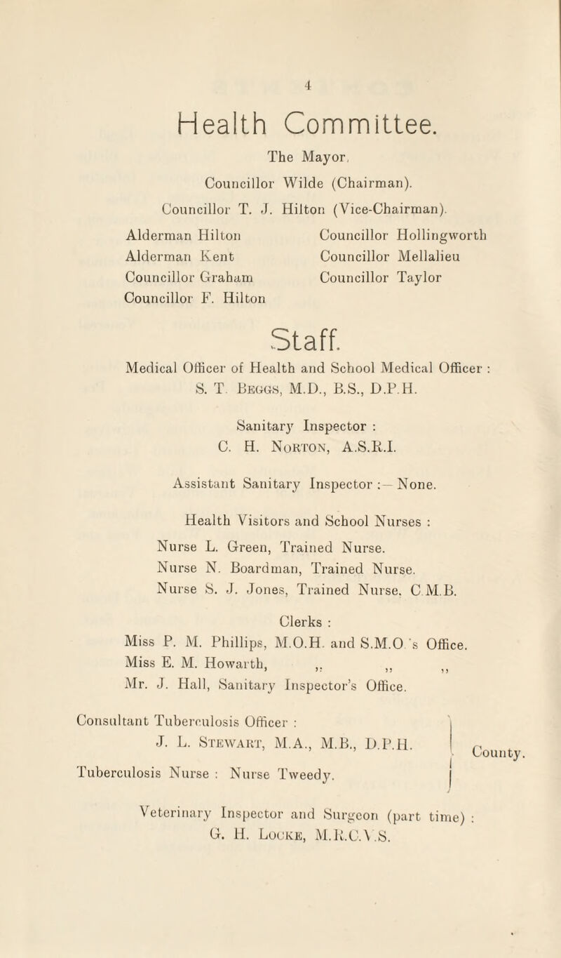 Health Committee. The Mayor, Councillor Wilde (Chairman). Councillor T. J. Hilton (Vice-Chairman). Alderman Hilton Councillor Hollingworth Alderman Kent Councillor Mellalieu Councillor Graham Councillor Taylor Councillor F. Hilton Staff. Medical Officer of Health and School Medical Officer : S. T Beggs, M.D., B.S., D.P.H. Sanitary Inspector : C. H. Norton, A.S.E.I. Assistant Sanitary Inspector None. Health Visitors and School Nurses : Nurse L. Green, Trained Nurse. Nurse N. Boardman, Trained Nurse. Nurse S. J. Jones, Trained Nurse. C M B. Clerks : Miss P. M. Phillips, M.O.H. and S.M.O's Office. Miss E. M. Howarth, ,. ,, Mr. J. Hall, Sanitary Inspector’s Office. Consultant Tuberculosis Officer : J. L. Stewart, M.A., M.B., D.P.H. Tuberculosis Nurse : Nurse Tweedy. Veterinary Inspector and Surgeon (part time) : G. H. Locke, M.K.C.V.S. County.