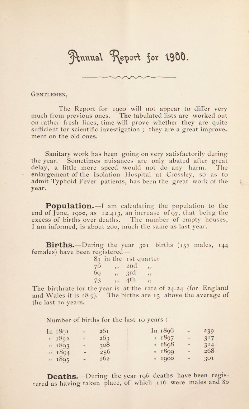 ^\xvtma\ <f^eipot\ ^or DQO. Gentlemen, The Report for 1900 will not appear to differ very much from previous ones. The tabulated lists are worked out on rather fresh lines, time will prove whether they are quite sufficient for scientific investigation ; they are a great improve¬ ment on the old ones. Sanitary work has been going on very satisfactorily during the year. Sometimes nuisances are only abated after great delay, a little more speed would not do any harm. The enlargement of the Isolation Hospital at Crossley, so as to admit Typhoid Fever patients, has been the great work of the year. Population.—I am calculating the population to the end of June, 1900, as 12,413, an increase of 97, that being the excess of births over deaths. The number of empty houses, I am informed, is about 200, much the same as last year. Births.—During* the year 301 births (157 males, 144 females) have been registered—- 83 in the 1st quarter 76 ,, 2nd ,, 69 ,, 3rd >> 73 >> 4th The birthrate for the year is at the rate of 24.24 (for England and Wales it is 28.9). The births are 15 above the average of the last to years. Number of births for the last 10 years In 1891 - 261 In 1896 239 • 1 1892 - 263 11 1897 3l7 M 1893 - 308 11 1898 3 H II 1894 - 256 n 1899 268  i895 - 262 11 1900 3°t Deaths. — During the year 196 deaths have been regis¬ tered as having taken place, of which 116 were males and 80