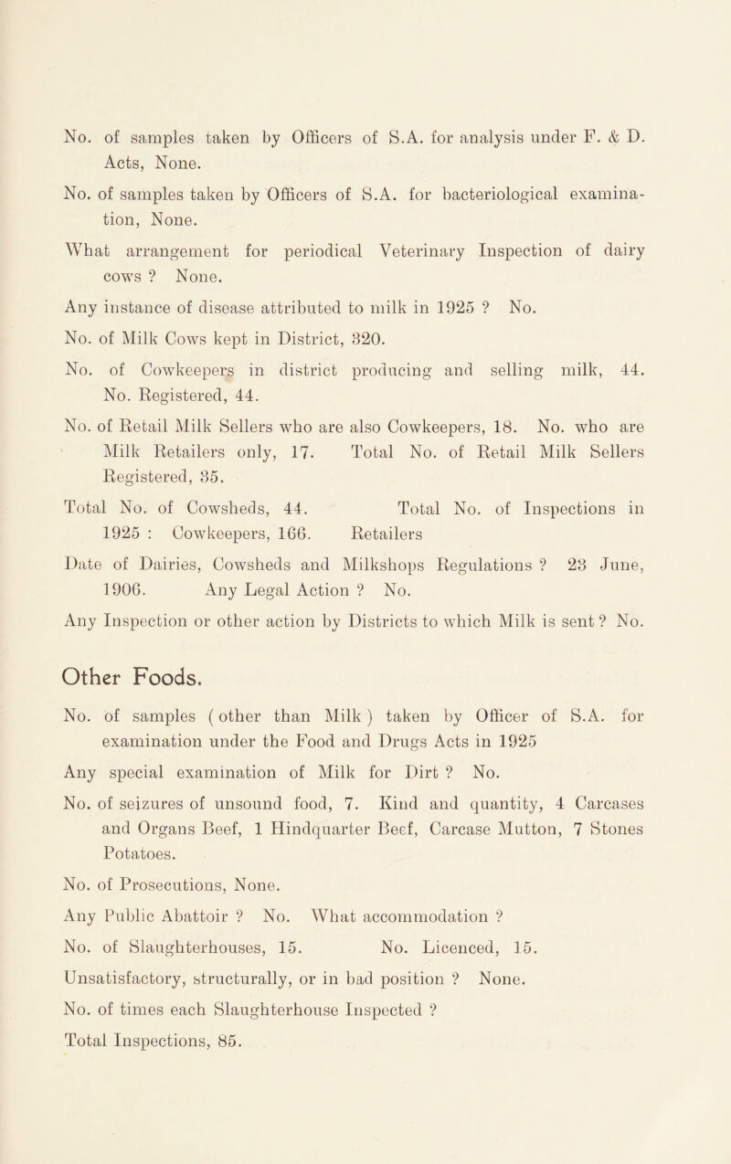 No. of samples taken by Officers of S.A. for analysis under F. & D. Acts, None. No. of samples taken by Officers of S.A. for bacteriological examina¬ tion, None. What arrangement for periodical Veterinary Inspection of dairy cows ? None. Any instance of disease attributed to milk in 1925 ? No. No. of Milk Cows kept in District, 320. No. of Cowkeepers in district producing and selling milk, 44. No. Registered, 44. No. of Retail Milk Sellers who are also Cowkeepers, 18. No. who are Milk Retailers only, 17. Total No. of Retail Milk Sellers Registered, 85. Total No. of Cowsheds, 44. Total No. of Inspections in 1925 : Cowkeepers, 166. Retailers Date of Dairies, Cowsheds and Milkshops Regulations ? 28 June, 1906. Any Legal Action ? No. Any Inspection or other action by Districts to which Milk is sent ? No. Other Foods* No. of samples (other than Milk ) taken by Officer of S.ii. for examination under the Food and Drugs Acts in 1925 Any special examination of Milk for Dirt ? No. No. of seizures of unsound food, 7. Kind and quantity, 4 Carcases and Organs Beef, 1 Hindquarter Beef, Carcase Mutton, 7 Stones Potatoes. No. of Prosecutions, None. Any Public Abattoir ? No. What accommodation ? No. of Slaughterhouses, 15. No. Licenced, 15. Unsatisfactory, structurally, or in bad position ? None. No. of times each Slaughterhouse Inspected ? Total Inspections, 85.
