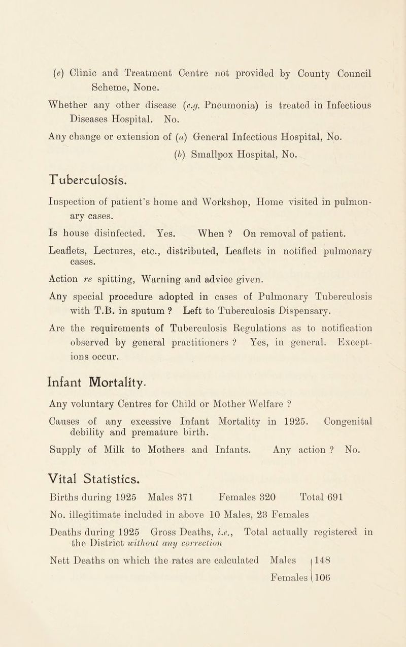 (e) Clinic and Treatment Centre not provided by County Council Scheme, None. Whether any other disease [e.g. Pneumonia) is treated in Infectious Diseases Hospital. No. Any change or extension of («) General Infectious Hospital, No. [b) Smallpox Hospital, No. Tuberculosis. Inspection of patient’s home and Workshop, Home visited in pulmon¬ ary cases. Is house disinfected. Yes. When ? On removal of patient. Leaflets, Lectures, etc., distributed, Leaflets in notified pulmonary cases. Action re spitting. Warning and advice given. Any special procedure adopted in cases of Pulmonary Tuberculosis with T.B. in sputum ? Left to Tuberculosis Dispensary. Are the requirements of Tuberculosis Regulations as to notification observed by general practitioners ? Yes, in general. Except¬ ions occur. Infant Mortality. Any voluntary Centres for Child or Mother Welfare ? Causes of any excessive Infant Mortality in 1925. Congenital debility and premature birth. Supply of Milk to Mothers and Infants. Any action ? No. Vital Statistics* Births during 1925 Males 371 Females 320 Total 691 No. illegitimate included in above 10 Males, 23 Females Deaths during 1925 Gross Deaths, i.e., Total actually registered in the District without any correction Nett Deaths on which the rates are calculated Males jl48