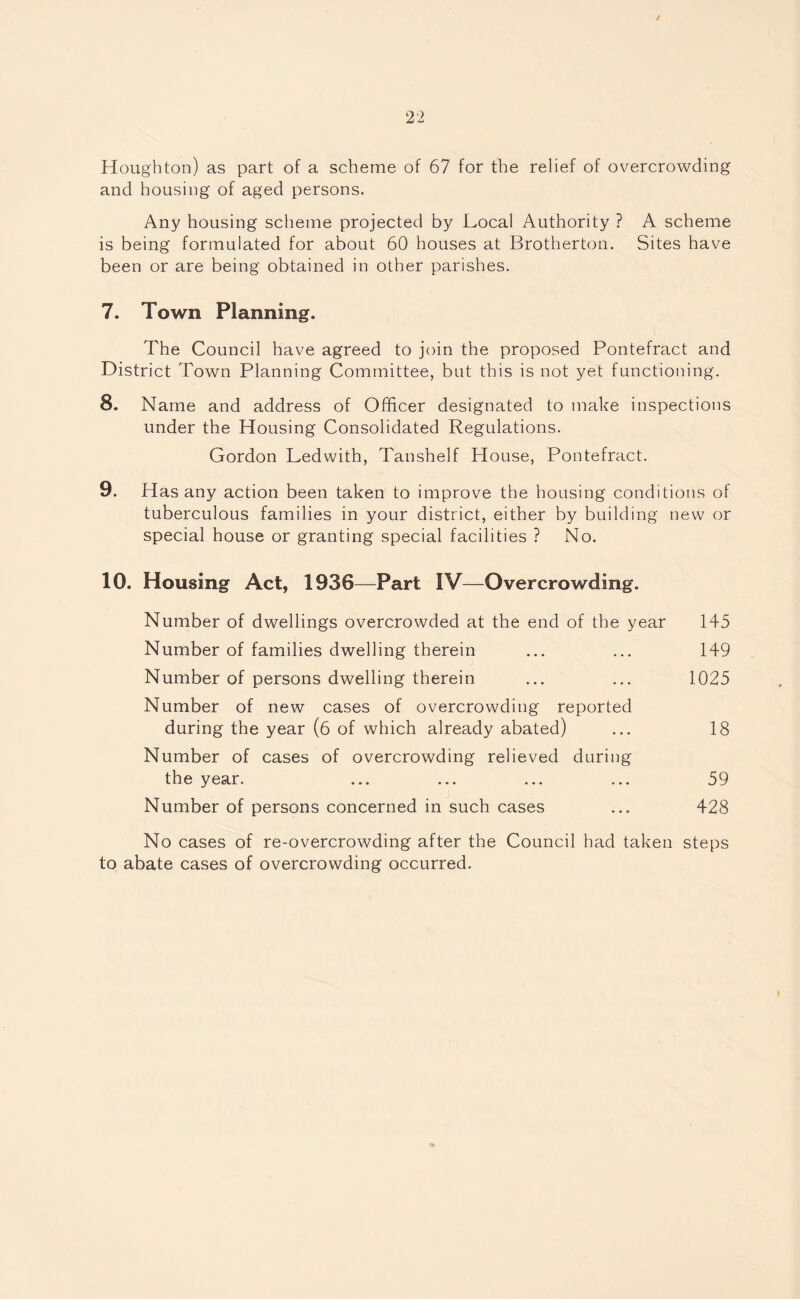 Houghton) as part of a scheme of 67 for the relief of overcrowding and housing of aged persons. Any housing scheme projected by Local Authority ? A scheme is being formulated for about 60 houses at Brotherton. Sites have been or are being obtained in other parishes. 7. Town Planning. The Council have agreed to join the proposed Pontefract and District Town Planning Committee, but this is not yet functioning. 8. Name and address of Officer designated to make inspections under the Housing Consolidated Regulations. Gordon Ledwith, Tanshelf House, Pontefract. 9. Has any action been taken to improve the housing conditions of tuberculous families in your district, either by building new or special house or granting special facilities ? No. 10. Housing Act, 1936—Part IV—Overcrowding. Number of dwellings overcrowded at the end of the year 145 Number of families dwelling therein ... ... 149 Number of persons dwelling therein ... ... 1025 Number of new cases of overcrowding reported during the year (6 of which already abated) ... 18 Number of cases of overcrowding relieved during the year. ... ... ... ... 59 Number of persons concerned in such cases ... 428 No cases of re-overcrowding after the Council had taken steps to abate cases of overcrowding occurred.