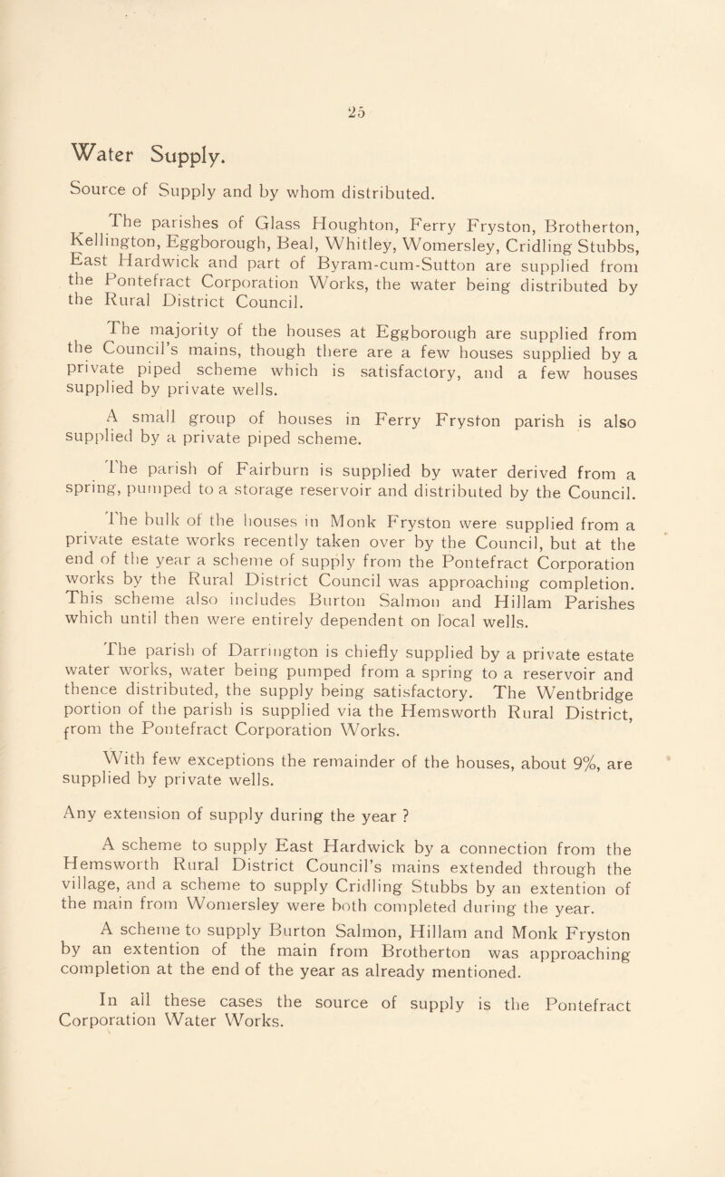 Water Supply. Source of Supply and by whom distributed. -The parishes of Glass Houghton, Ferry Fryston, Brotherton, Kellington, Eggborough, Beal, Whitley, Womersley, Cridling Stubbs, East Hardwick and part of Byram-cum-Sutton are supplied from the Pontefract Corporation Works, the water being distributed by the Rural District Council. The majority of the houses at Eggborough are supplied from the Council s mains, though there are a few houses supplied by a private piped scheme which is satisfactory, and a few houses supplied by private wells. A small group of houses in Ferry Fryston parish is also supplied by a private piped scheme. 1 he parish of Fairburn is supplied by water derived from a spring, pumped to a storage reservoir and distributed by the Council. 1 he bulk ol the houses in Monk Fryston were supplied from a private estate works recently taken over by the Council, but at the end of the year a scheme of supply from the Pontefract Corporation works by the Rural District Council was approaching completion. This scheme also includes Burton Salmon and Hillam Parishes which until then were entirely dependent on local wells. The parish of Darrmgton is chiefly supplied by a private estate water works, water being pumped from a spring to a reservoir and thence distributed, the supply being satisfactory. The Wentbridge portion of the parish is supplied via the Hemsworth Rural District, from the Pontefract Corporation Works. With few exceptions the remainder of the houses, about 9%, are supplied by private wells. Any extension of supply during the year ? A scheme to supply East Hardwick by a connection from the Hemswoith Rural District Council’s mains extended through the village, and a scheme to supply Cridling Stubbs by an extention of the main from Womersley were both completed during the year. A scheme to supply Burton Salmon, Hillam and Monk Fryston by un extention of the main from Brotherton was approaching completion at the end of the year as already mentioned. In ail these cases the source of supply is the Pontefract Corporation Water Works. \