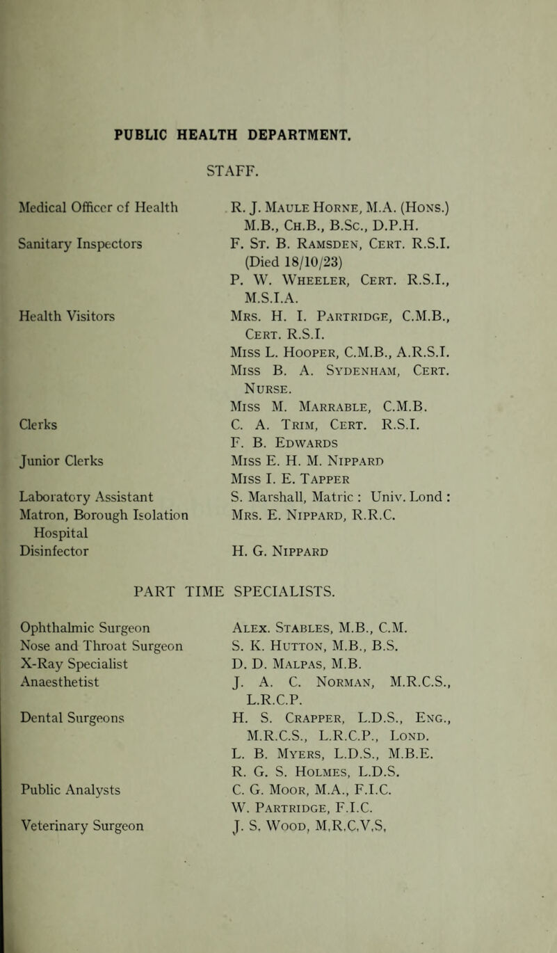 STAFF. Medical Officer cf Health Sanitary Inspectors Health Visitors Clerks Junior Clerks Laboratory Assistant Matron, Borough Isolation Hospital Disinfector PART TIME Ophthalmic Surgeon Nose and Throat Surgeon X-Ray Specialist Anaesthetist Dental Surgeons Public Analysts Veterinary Surgeon R. J. Maule Horne, M.A. (Hons.) M.B., Ch.B., B.Sc., D.P.H. F. St. B. Ramsden, Cert. R.S.I. (Died 18/10/23) P. W. Wheeler, Cert. R.S.I., M.S.I.A. Mrs. H. I. Partridge, C.M.B., Cert. R.S.I. Miss L. Hooper, C.M.B., A.R.S.I. Miss B. A. Sydenham, Cert. Nurse. Miss M. Marrable, C.M.B. C. A. Trim, Cert. R.S.I. F. B. Edwards Miss E. H. M. Nippard Miss I. E. Tapper S. Marshall, Matric : Univ. Lond : Mrs. E. Nippard, R.R.C. H. G. Nippard SPECIALISTS. Alex. Stables, M.B., C.M. S. K. Hutton, M.B., B.S. D. D. Malpas, M.B. J. A. C. Norman, M.R.C.S., L. R.C.P. H. S. Crapper, L.D.S., Eng., M. R.C.S., L.R.C.P., Lond. L. B. Myers, L.D.S., M.B.E. R. G. S. Holmes, L.D.S. C. G. Moor, M.A., F.I.C. W. Partridge, F.I.C. J. S. Wood, M.R.C.V.S,