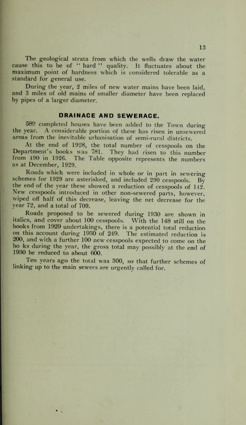The geological strata from which the wells draw the water cause this to be of “ hard ” quality. It fluctuates about the maximum point of hardness which is considered tolerable as a standard for general use. During the year, 2 miles of new water mains have been laid, and 3 miles of old mains of smaller diameter have been replaced by pipes of a larger diameter. □ RAINACE AND SEWERACE. 589 completed houses have been added to the Town during the year. A considerable portion of these has risen in unsewered areas from the inevitable urbanisation of semi-rural districts. At the end of 1928, the total number of cesspools on the Department s books was <81. They had risen to this number from 490 in 1926. The Table opposite represents the numbers as at December, 1929. Roads which were included in whole or in part in sewering schemes for 1929 are asterisked, and included 290 cesspools. By the end of the year these showed a reduction of cesspools of 142. New cesspools introduced in other non-sewered parts, however, wiped off half of this decrease, leaving the net decrease for the year 72, and a total of 709. Roads proposed to be sewered during 1930 are shown in italics, and cover about 100 cesspools. With the 148 still on the books from 1929 undertakings, there is a potential total reduction on this account during 1930 of 249. The estimated reduction is 200, and with a further 100 new cesspools expected to come on the bo ks during the year, the gross total may possibly at the end of 1930 be reduced to about 000. Ten years ago the total was 300, so that further schemes of linking up to the main sewers are urgently called for.