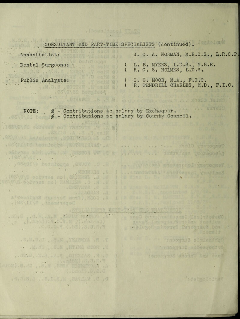 -CONSULTANT AND PART-TIME SPECIALISTS (continued) Anae s the t1st; Dental Surgeons: . u • Public Analysts: J. C. A. NORMAN, M.R.C.S., L.R.C.P L. B. MYERS, L.D.S., M.B.E. R. G. S. HOLMES, L.D.S. C. G. MOOR, M.A., F.I.C. Ro PENDRILL CHARLES, M.D., F.I.C. NOTE: & - Contributions to salary by Exchequer. ft - Contributions to salary by County Council.