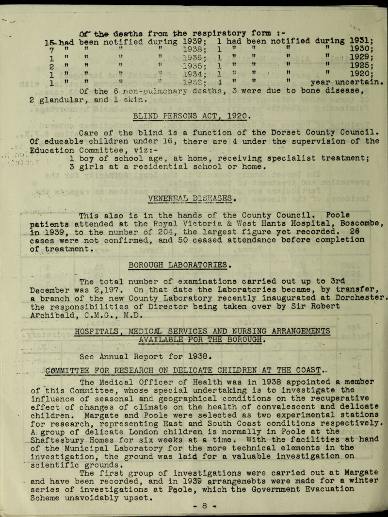 OST the- dearths from the respiratory form s- ’ s 15-had. been notified during 1939; 1 had been notified during 1931; 7 tt n it 1938; 1 If u it ti 1930; 1 tt it it It 1936; 1 ii it tt tt 1929; 2 M ti ti •1935; 1 it ti it ti 1925; 1 t» tt tt n 1934; 1 ti . ti tt 1920; 1 It tt n r • i • 1932; 4 IT It tt year uncertain Of the 6 non-pulmonary deaths, 3 were due to bone disease. 2 glandular, and 1 skin. BLIND PERSONS ACT, 1920. Care of the blind is a function of the Dorset County Council. Of educable children under 16, there are 4 under the supervision of the Education Committee, viz:- 1 boy of school age, at home, receiving specialist treatment; 3 girls at a residential school or home. VENEREAL DISEASES. '  This also is in the hands of the County Council. Poole patients attended at the Royal Victoria & West Hants Hospital, Boscombe, in -1939, to the number of 204, the largest figure yet recorded. 26 cases were not confirmed, and 50 ceased attendance before completion of treatment. BOROUGH LABORATORIES. The total number of examinations carried out up to 3rd December was 2,197. On that date the Laboratories became, by transfer, a branch of the new County Laboratory recently inaugurated at Dorchester, the responsibilities of Director being taken over by Sir Robert Archibald, C.M.G., M.D. HOSPITALS, MEDICAL SERVICES AND NURSING ARRANGEMENTS AVAILABLE FOR THE BOROUGH. See Annual Report for 1938. COMMITTEE FOR RESEARCH ON DELICATE CHILDREN AT THE COAST.- The Medical Officer of Health was in 1938 appointed a member of this Committee, whose special undertaking is to investigate the influence of seasonal and geographical conditions on the recuperative effect of changes of climate on the health of convalescent and delicate children. Margate and Poole were selected as two experimental stations for research, representing East and South Coast conditions respectively. A; group of delicate London children is normally In Poole at the Shaftesbury Homes for six weeks at a time. With the facilities at hand of the Municipal Laboratory for the more technical elements in the investigation, the ground was laid for a valuable investigation on scientific grounds. The first group of investigations were carried out at Margate and have been recorded, and in 1939 arrangemebts were made for a winter series of investigations at P@ole, which the Government Evacuation Scheme unavoidably upset.