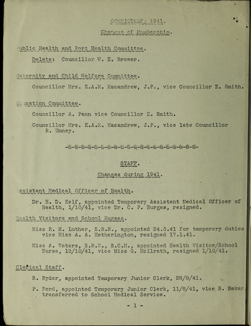 » ' C OHMITTEES ; 1941, Changes of Member chip, Jublic_ Jiee.lth and Port Health Committee. Delete: Councillor W. E. Brewer. Maternity and Child Welfare _C ommi't'tee . Councillor Mrs. K.A.M. Macandrew, J.P., vice Councillor E. Smith, 2d legation Commi-ttee . Councillor A. Penn vice Councillor E. Smith. Councillor Mrs. K.A.M. Macandrew, J.P., vice late Councillor R. Umney. STAFF. Changes during 1941. % s •' * -ssistant Medical Officer of Health. Dr. H. D. Keif, appointed Temporary Assistant Medical Officer of Health, 1/10/41, vice Dr. C. P. Burges, resigned. Health Visitors and School Nurses. Miss R. M. Luther, S.R.N., appointed 24.3.41 for temporary duties vice Miss A. A. Hetherington, resigned 17.1.41. Miss A. Waters, S.R.N., S.C.M., appointed Health Visitor/School Nurse, 13/10/41, vice Miss G. Mcllrath, resigned 1/10/41. Clerical Staff. R. Ryder, appointed Temporary Junior Clerk, 28/8/41. P. Ford, appointed Temporary Junior Clerk, 11/8/41, vice B. Baker, transferred to School Medical Service. 1