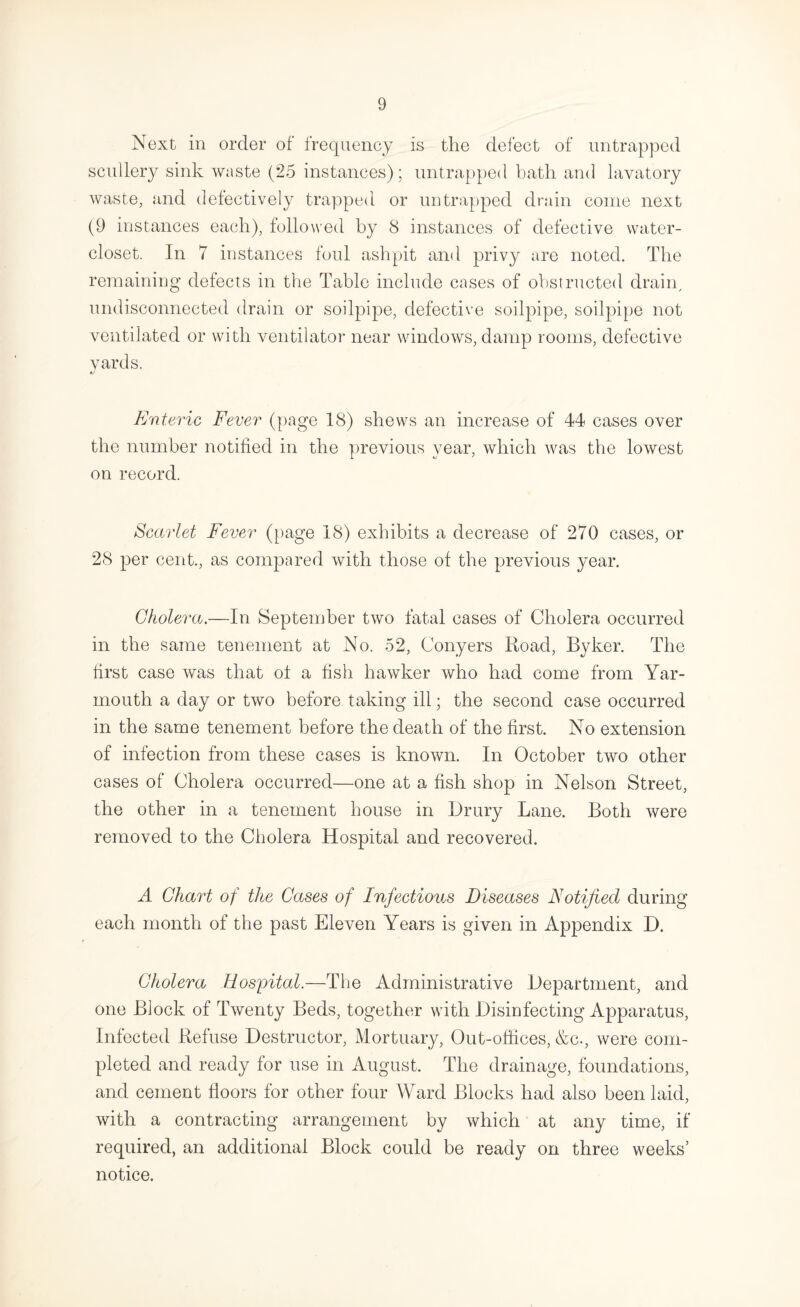 Next in order of frequency is the defect of untrapped scullery sink waste (25 instances); untrapped bath and lavatory waste, and defectively trapped or untrapped drain come next (9 instances each), followed by 8 instances of defective water- closet. In 7 instances foul ashpit an<l privy are noted. The remaining defects in the Table include cases of obstructed drain^ undisconnected drain or soilpipe, defective soilpipe, soilpipe not ventilated or with ventilator near windows, damp rooms, defective vards. Evteric Fever (page 18) shews an increase of 44 cases over the number notified in the previous year, which was the lowest on record. Scarlet Fever (page 18) exhibits a decrease of 270 cases, or 28 per cent,, as compared with those of the previous year. Cholera.—In September two fatal cases of Cholera occurred in the same tenement at No. 52, Conyers Road, Byker. The first case was that of a fish hawker who had come from Yar¬ mouth a day or two before taking ill; the second case occurred in the same tenement before the death of the first. No extension of infection from these cases is known. In October two other cases of Cholera occurred—one at a fish shop in Nelson Street, the other in a tenement house in Drury Lane. Both were removed to the Cholera Hospital and recovered. A Chart of the Cases of Infectious Diseases Notified during each month of the past Eleven Years is given in Appendix D. Cholera Hospital.—The Administrative Department, and one Block of Twenty Beds, together with Disinfecting Apparatus, Infected Refuse Destructor, Mortuary, Out-offices, &c., were com¬ pleted and ready for use in August. The drainage, foundations, and cement floors for other four Ward Blocks had also been laid, with a contracting arrangement by which at any time, if required, an additional Block could be ready on three weeks’ notice.
