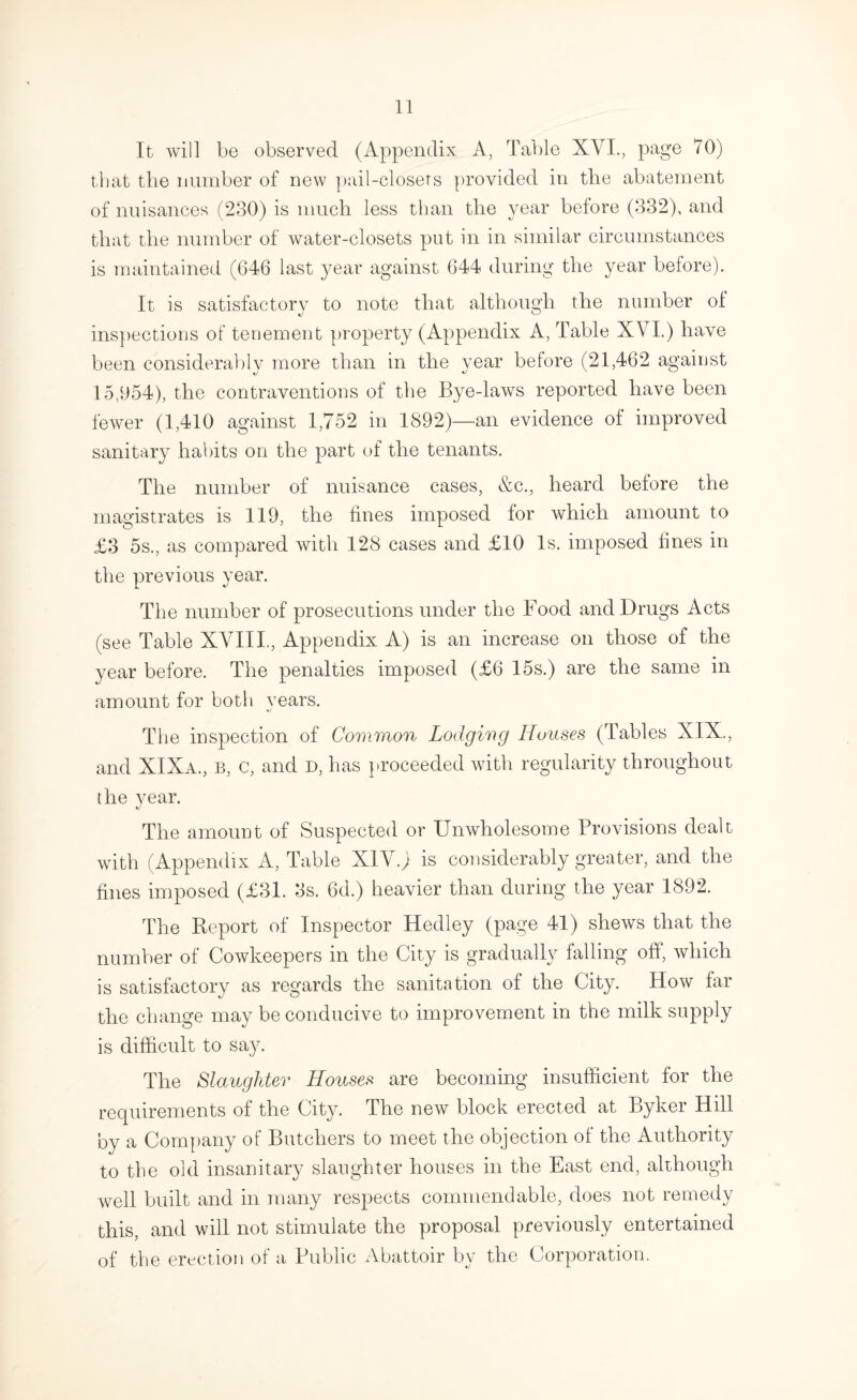 It will be observed (Appendix A, Table XYI., page 70) tliat the number of new |)ail-closers provided in tlie abatement of nuisances (230) is much less than the year before (832), and that the number of water-closets put in in similar circumstances is maintained (646 last year against 644 during the year before). It is satisfactory to note that although the number ol ins|)ectioDS of tenement property (Appendix A, Table XVI.) have been considera])ly more than in the year before (21,462 against 15,054), the contraventions of the Bye-laws reported have been fewer (1,410 against 1,752 in 1892)—an evidence of improved sanitary habits on the part of the tenants. The number of nuisance cases, &c., heard before the magistrates is 119, the fines imposed for which amount to £3 5s., as compared with 128 cases and £10 Is. imposed fines in the previous year. The number of prosecutions under the Food and Drugs Acts (see Table XVIII., Appendix A) is an increase on those of the year before. The penalties imposed (£6 15s.) are the same in amount for both vears. •y The inspection of Common Lodging Houses (Tables XIX., and XIXa., b, c, and D, has proceeded with regularity throughout the vear. The amount of Suspected or Unwholesome Provisions dealt with ( Appendix A, Table XIY.) is considerably greater, and the fines imposed (£31. 3s. 6d.) heavier than during the year 1892. The Report of Inspector Hedley (page 41) shews that the number of Cowkeepers in the City is gradually falling off, which is satisfactory as regards the sanitation of the City. How far the change may be conducive to improvement in the milk supply is difficult to say. The Slaughter Houses are becoming insufficient for the requirements of the City. The new block erected at Byker Hill by a Company of Butchers to meet the objection of the Authority to the old insanitary slaughter houses in the East end, although Avell built and in many respects commendable, does not remedy this, and will not stimulate the proposal previously entertained of the erection of a Public Abattoir by the Corporation.