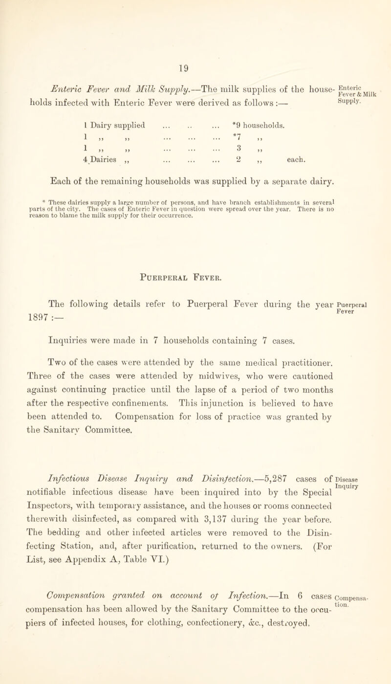Enteric Fever and Milk Supply.—The milk supplies of the house- Enteric holds infected with Enteric Fever were derived as follows :— Supply. l Dairy supplied ... *9 households. 1 M >, ... ... *7 5 > 1 >5 ... 3 5 J 4 Dairies ,, ... 2 ,, each. Each of the remaining households was supplied by a separate dairy. * These dairies supply a larg:e number of persons, and have branch establishments in several parts of the city. The cases of Enteric Fever in question were spread over the year. There is no reason to blame the milk supply for their occurrence. Puerperal Fever. 1897 The following details refer to Puerperal Fever during the year Puerperal Fever Inquiries were made in 7 households containing 7 cases. Two of the cases were attended by the same medical practitioner. Three of the cases were attended by midwives, who were cautioned against continuing practice until the lapse of a period of two months after the respective confinements. This injunction is believed to have been attended to. Compensation for loss of practice was granted by the Sanitary Committee. Infectious Disease Inquiry and Disinfection.—5,287 cases of Disease notifiable infectious disease have been inquired into by the Special Inspectors, with temporary assistance, and the houses or rooms connected therewith disinfected, as compared with 3,137 during the year before. The bedding and other infected articles were removed to the Disin¬ fecting Station, and, after purification, returned to the owners. (For List, see Appendix A, Table YI.) Compensation granted on account of Infection.—In 6 cases compensa compensation has been allowed by the Sanitary Committee to the occu- tl0n' piers of infected houses, for clothing, confectionery, cz;c., destroyed.