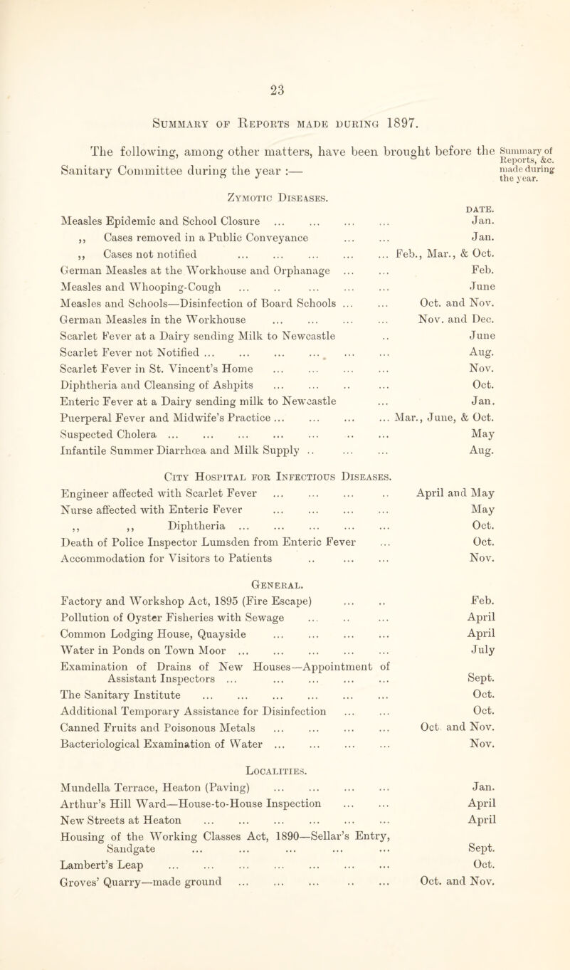Summary of Reports made during 1897. The following, among other matters, have been brought before the Sanitary Committee during the year :— Zymotic Diseases. Measles Epidemic and School Closure DATE. Jan. ,, Cases removed in a Public Conveyance Jan. ,, Cases not notified Feb., Mar., & Oct. German Measles at the Workhouse and Orphanage Feb. Measles and Whooping-Cough June Measles and Schools—Disinfection of Board Schools ... Oct. and Nov. German Measles in the Workhouse Nov. and Dec. Scarlet Fever at a Dairy sending Milk to Newcastle June Scarlet Fever not Notified ... • Aug. Scarlet Fever in St. Vincent’s Home Nov. Diphtheria and Cleansing of Ashpits Oct. Enteric Fever at a Dairy sending milk to Newcastle Jan. Puerperal Fever and Midwife’s Practice ... Mar., June, & Oct. Suspected Cholera ... May Infantile Summer Diarrhoea and Milk Supply .. Aug. City Hospital for Infectious Diseases. Engineer affected with Scarlet Fever April and May Nurse affected with Enteric Fever . » . May ,, ,, Diphtheria ... Oct. Death of Police Inspector Lumsden from Enteric Fever , . . Oct. Accommodation for Visitors to Patients ... Nov. General. Factory and Workshop Act, 1895 (Fire Escape) Feb. Pollution of Oyster Fisheries with Sewage April Common Lodging House, Quayside April Water in Ponds on Town Moor ... July Examination of Drains of New Houses—Appointment Assistant Inspectors ... of Sept. The Sanitary Institute Oct. Additional Temporary Assistance for Disinfection Oct. Canned Fruits and Poisonous Metals Oct and Nov. Bacteriological Examination of Water ... Nov. Localities. Mundella Terrace, Heaton (Paving) . . . Jan. Arthur’s Hill Ward—House-to-House Inspection ... April New Streets at Heaton ... April Housing of the Working Classes Act, 1890—Sellar’s Entry, Sandgate Sept. Lambert’s Leap ... Oct. Groves’Quarry—made ground . • . Oct. and Nov. Summary of Reports, &c. made during the year.