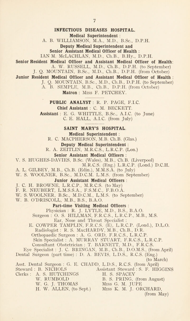 INFECTIOUS DISEASES HOSPITAL. Medical Superintendent : A. B. WILLIAMSON, M.A., M.D., B.Sc., D.P.H. Deputy Medical Superintendent and Senior Assistant Medical Officer of Health : IAN M. McLACHLAN, M.D., Ch.B., B.Hy., D.P.H. Senior Resident Medical Officer and Assistant Medical Officer of Health: A. W. RUSSELL, M.D., Ch.B., D.P.H. (to September) J. Q. MOUNTAIN, B.Sc., M.D., Ch.B., D.P.H. (from October) Junior Resident Medical Officer and Assistant Medical Officer of Health ; J. Q. MOUNTAIN, B.Sc., M.D., Ch.B., D.P.H. (to September) A. B. SEMPLE, M.B., Ch.B., D.P.H. (from October) Matron : Miss F. PETCHEY. PUBLIC ANALYST : R. P. PAGE, F.I.C. Chief Assistant : C. M. BECKETT. Assistant : E. G. WHITTLE, B.Sc., A.I.C. (to June) C. E. HALL, A.I.C. (from July) SAINT MARY’S HOSPITAL. Medical Superintendent: R. C. MACPHERSON, M.B. Ch.B. (Glas.) Deputy Medical Superintendent: R. A. ZEITLIN, M.R.C.S., L.R.C.P. (Lon.) Senior Assistant Medical Officers : V. S. HUGHES-DAVIES, B.Sc. (Wales), M.B., Ch.B. (Liverpool) M.R.C.S. (Eng.) L.R.C.P. (Lond.) D.C.H. L. GILBEY, M.B., Ch.B. (Edin.), M.M.S.A. (to July) . S. WOOLNER, B.Sc., M.D.C.M. L.M.S. (from September) Junior Assistant Medical Officers : C. H. BROWNE, L.R.C.P., M.R.C.S. (to May) R. NEUBERT, L.M.S.S.A., F.S.M.C., F.B.O.A. . S. WOOLNER, B.Sc., M.D.C.M., L.M.S. (to September) . B. O’DRISCOLL, M.B., B.S., B.A.O. Part-time Visiting Medical Officers : Physician : R. J. LYTLE, M.D., B.S., B.A.O. Surgeon : O. S. HILLMAN, F.R.C.S., L.R.C.P., M.B., M.S. Ear, Nose and Throat Specialist : E. COWPER TAMPLIN, F.R.C.S. (El, L.R.C.P. (Lond.), D.L.O. Radiologist : R. S. MacHARDY, M.B., Ch.B., D.R. Orthopaedic Surgeon : A. G. ORD, F.R.C.S., L.R.C.P. Skin Specialist : A. MURRAY STUART, F.R.C.S., L.R.C.P. Consultant Obstetrician : T. BARNETT, M.D., F.R.C.S. Eye Specialist : J. C. BRINGAN, M.B., Ch.B., D.O.M.S., (from April) Dental Surgeon (part time) : D. A. BEVIS, L.D.S., R.C.S. (Eng.) (to March) Asst. Dental Surgeon : G. E. CHADD, L.D.S., R.C.S. (from April) Steward : B. NICHOLS Assistant Steward : S. F. HIGGINS Clerks : A. S. HUTCHINGS W. RUMBOLD W. G. J. THOMAS H. W. ALLEN, (to Sept.) H. S. SPACEY B. S. PRING, (from August) Miss G. M. JURE Miss K. M. J. ORCHARD, (from May)