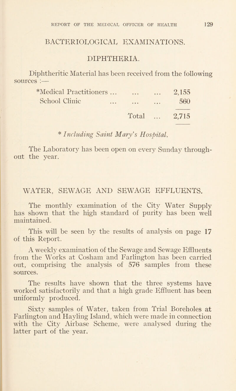 BACTERIOLOGICAI. EXAMINATIONS. DIPHTHERIA. Diphtheritic Material has been received from the following sources :— *Medical Practitioners ... ... ... 2,155 School Clinic ... ... ... 560 Total ... 2,715 * Including Saint Mary’s Hospital. The Eaboratory has been open on every Sunday through¬ out the year. WATER. SEWAGE AND SEWAGE EFFEUENTS. The monthh^ examination of the City Water Supply has shown that the high standard of purity has been well maintained. This will be seen by the results of analysis on page 17 of this Report. A weekly examination of the Sewage and Sewage Effluents from the Works at Cosham and Farlington has been carried out, comprising the analysis of 576 samples from these sources. The results have shown that the three systems have worked satisfactorily and that a high grade Effluent has been uniformly produced. Sixty samples of Water, taken from Trial Boreholes at Farlington and Hay ling Island, which were made in connection with the City Airbase Scheme, were analysed during the latter part of the year.