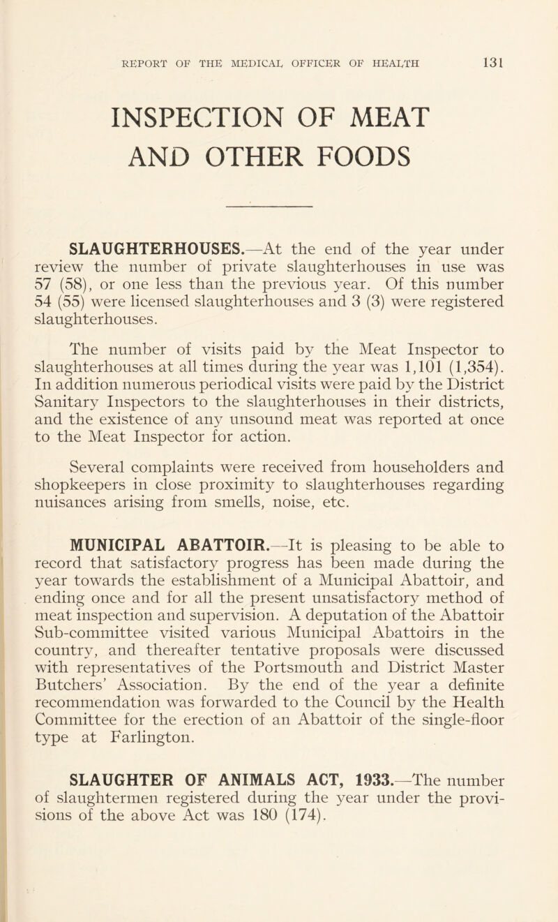 INSPECTION OF MEAT AND OTHER FOODS SLAUGHTERHOUSES.—At the end of the year under review the number of private slaughterhouses in use was 57 (58), or one less than the previous year. Of this number 54 (55) were licensed slaughterhouses and 3 (3) were registered slaughterhouses. The number of visits paid by the Meat Inspector to slaughterhouses at all times during the year was 1,101 (1,354). In addition numerous periodical visits were paid by the District Sanitary Inspectors to the slaughterhouses in their districts, and the existence of any unsound meat was reported at once to the Meat Inspector for action. Several complaints were received from householders and shopkeepers in close proximity to slaughterhouses regarding nuisances arising from smells, noise, etc. MUNICIPAL ABATTOIR.—It is pleasing to be able to record that satisfactory progress has been made during the year towards the establishment of a Municipal Abattoir, and ending once and for all the present unsatisfactory method of meat inspection and supervision. A deputation of the Abattoir Sub-committee visited various Municipal Abattoirs in the country, and thereafter tentative proposals were discussed with representatives of the Portsmouth and District Master Butchers’ Association. By the end of the year a definite recommendation was forwarded to the Council by the Health Committee for the erection of an Abattoir of the single-floor type at Farlington. SLAUGHTER OF ANIMALS ACT, 1933.—The number of slaughtermen registered during the year under the provi¬ sions of the above Act was 180 (174).