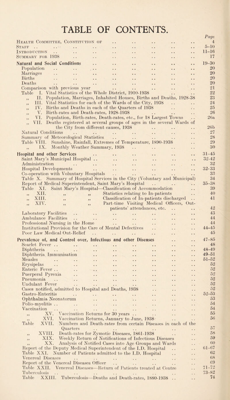 TABLE OF CONTENTS. Table I. 55 II. 55 III. 55 IV. 55 V. 55 VI. 55 VII. Health Committee, Constitution of Staff Introduction Summary for 1938 Natural and Social Conditions Population Marriages Births Deaths Comparison with previous year Vital Statistics of the Whole District, 1910-1938 Population, Marriages, Inhabited Houses, Births and Deaths, 1928-38 Vital Statistics for each of the Wards of the City, 1938 Births and Deaths in each of the Quarters of 1938 Birth-rates and Death-rates, 1928-1938 Population, Birth-rates, Death-rates, etc., for 18 Largest Towns Deaths registered at several groups of ages in the several Wards o the City from different causes, 1938 Natural Conditions Summary of Meteorological Statistics Table VIII. Sunshine, Rainfall, Extremes of Temperature, 1890-1938 ,, IX. Monthly Weather Summary, 1938 Hospital and other Services Saint Mary’s Municipal Hospital .. Administration Hospital Developments Co-operation with Voluntary Hospitals Table X. Summary of Hospital Services in the City (Voluntary and Municipal Report of Medical Superintendent, Saint Mary’s Hospital Table XI. Saint Mary’s Hospital—Classification of Accommodation XII. XIII. XIV. Statistics relating to In-patients Classification of In-patients discharged Part-time Visiting Medical Officers, Out patients’ attendances, etc. Laboratory Facilities Ambulance Facilities Professional Nursing in the Home Institutional Provision for the Care of Mental Defectives Poor Law Medical Out-Relief Prevalence of, and Control over, Infectious and other Diseases Scarlet Fever Diphtheria Diphtheria Immunisation Measles Erysipelas Enteric Fever Puerperal Pyrexia Pneumonia Undulant Fever Cases notified, admitted to Hospital and Deaths, 1938 Gastro - E n teritis Ophthalmia Neonatorum Polio-myelitis Vaccination Vaccination Returns for 30 years Vaccination Returns, January to June, 1938 Numbers and Death-rates from certain Diseases in each of th Quarters Death-rates for Zymotic Diseases, 1861-1938 Weekly Return of Notifications of Infectious Diseases Analysis of Notified Cases into Age Groups and Wards Report of the Deputy Medical Superintendent of the I.D. Hospital Table XXI. Number of Patients admitted to the I.D. Hospital Venereal Diseases Report of the Venereal Diseases Officer Table XXII. Venereal Diseases—Return of Patients treated at Centre Tuberculosis Table XXIII. Tuberculosis—Deaths and Death-rates, 1880-1938 . . 55 XV. 55 XVI. Table XVII. 55 XVIII. 55 XIX. 55 XX. Page 4 5-10 11-16 17 19-30 20 20 20 20 21 22 23 24 25 26 26a 26b 27 28 29 30 31- 45 32- 42 32 32-33 33 34 35-38 39 40 41 42 43 44 44 44-45 45 47- 85 48 48- 49 49- 51 51- 52 52 52 52 52 52 52 52- 53 53 54 54 55 56 57 58 59 60 61-67 62 68 69 71-72 73-82 74