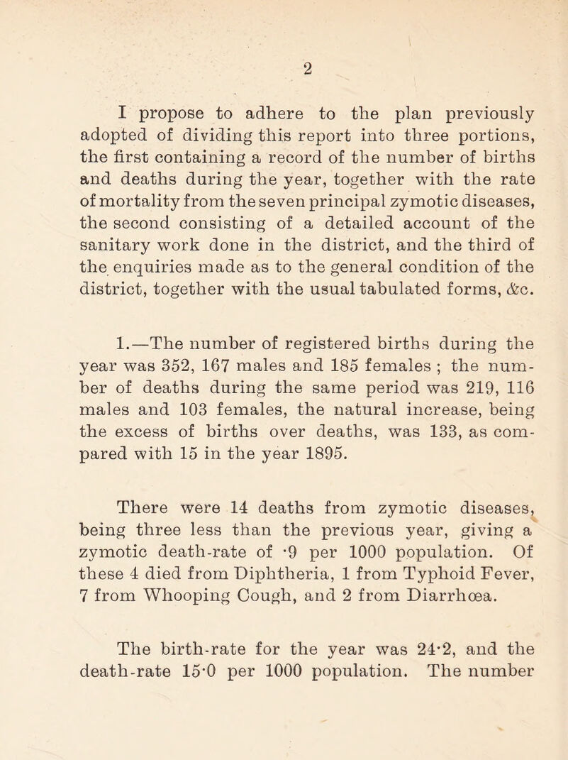 I propose to adhere to the plan previously adopted of dividing this report into three portions, the first containing a record of the number of births and deaths during the year, together with the rate of mortality from the seven principal zymotic diseases, the second consisting of a detailed account of the sanitary work done in the district, and the third of the enquiries made as to the general condition of the district, together with the usual tabulated forms, &c. 1.—The number of registered births during the year was 352, 167 males and 185 females ; the num¬ ber of deaths during the same period was 219, 116 males and 103 females, the natural increase, being the excess of births over deaths, was 133, as com¬ pared with 15 in the year 1895. There were 14 deaths from zymotic diseases, being three less than the previous year, giving a zymotic death-rate of -9 per 1000 population. Of these 4 died from Diphtheria, 1 from Typhoid Fever, 7 from Whooping Cough, and 2 from Diarrhoea. The birth-rate for the year was 24-2, and the death-rate 15‘0 per 1000 population. The number