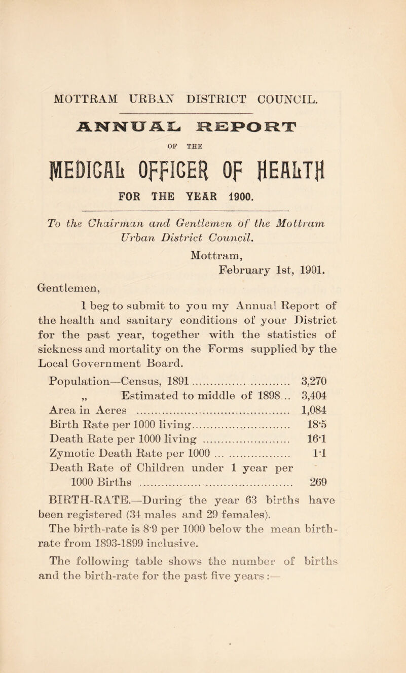 OF THE MEDICAL OFFIGER OF HEAIiTR FOR THE YEAR 1900. To the Chairman and Gentlemen of the Mottram Urban District Council. Mottram, February 1st, 1901. Gentlemen, 1 beg to submit to you my Annual Report of the health and sanitary conditions of your District for the past year, together with the statistics of sickness and mortality on the Forms supplied by the Local Government Board. Population—Census, 1891 ... 3,270 „ Estimated to middle of 1898... 3,404 Area in Acres ..... 1,084 Birth Rate per 1000 living... 18*5 Death Rate per 1000 living ... 16*1 Zymotic Death Rate per 1000 . IT Death Rate of Children under 1 year per 1000 Births .. 269 BIRTH-RATE.—During the year 63 births have been registered (34 males and 29 females). The birth-rate is 8*9 per 1000 below the mean birth¬ rate from 1893-1899 inclusive. The following table shows the number of births and the birth-rate for the past five years :—