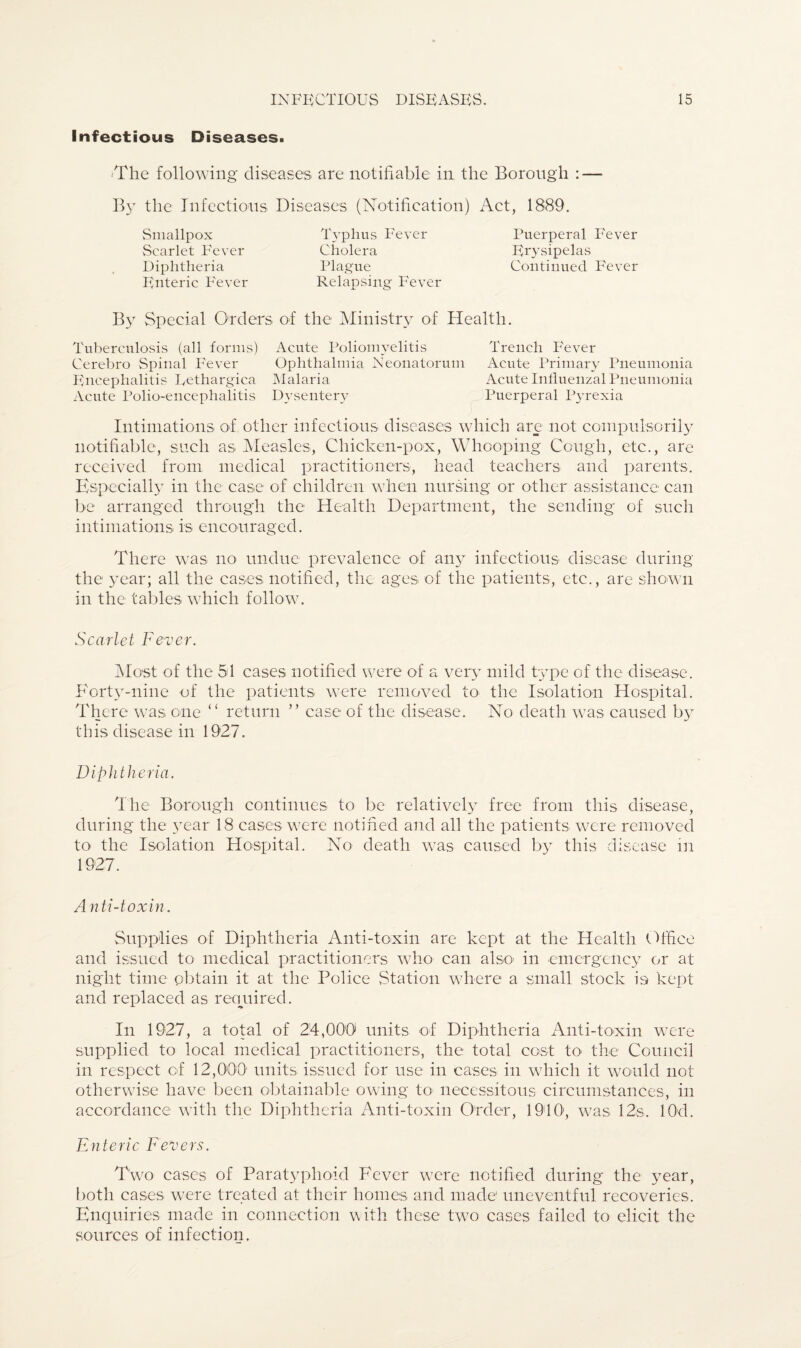 Infectious Diseases. 'The following diseases are notifiable in the Borough : — By the Infections Diseases (Notification) Act, 1889. Smallpox Scarlet Fever Diphtheria Enteric Fever Typhus Fever Cholera Plague Relapsing P'ever Puerperal Fever Erysipelas Continued Fever By Special Orders of the Ministry of Health. Tuberculosis (all forms) Acute Poliomyelitis Trench Fever Cerebro Spinal Fever Ophthalmia Neonatorum Acute Primary Pneumonia Encephalitis Eethargica Malaria Acute Influenzal Pneumonia Acute Polio-encephalitis Dysentery Puerperal Pyrexia Intimations of other infectious diseases which are not compulsorily notifiable, such as Measles, Chicken-pox, Whooping Cough, etc., are received from medical practitioners, head teachers and parents. Especially in the case of children when nursing or other assistance can be arranged through the Health Department, the sending of such intimations is encouraged. There was no undue prevalence of any infectious disease during the year; all the cases notified, the ages of the patients, etc., are shown in the tables which follow. Scarlet Fever. Most of the 51 cases notified were of a very mild type of the disease. Forty-nine of the patients were removed to the Isolation Hospital. There was one “ return ” case of the disease. No death was caused by this disease in 1927. Diphtheria. The Borough continues to be relatively free from this disease, during the year 18 cases were notified and all the patients were removed to the Isolation Hospital. No death was caused by this disease in 1927. Anti-toxin. Supplies of Diphtheria Anti-toxin are kept at the Health Office and issued to medical practitioners who can also in emergency or at night time obtain it at the Police Station where a small stock is kept and replaced as required. In 1927, a total of 24,000 units of Diphtheria Anti-toxin were supplied to local medical practitioners, the total cost to the Council in respect of 12,000' units issued for use in cases in which it would not otherwise have been obtainable owing to necessitous circumstances, in accordance with the Diphtheria Anti-toxin Order, 1910', was 12s. lOd. Enteric Fevers. Two cases of Paratyphoid Fever were notified during the year, both cases were treated at their homes and made uneventful recoveries. Enquiries made in connection w ith these tw7o cases failed to elicit the sources of infection.
