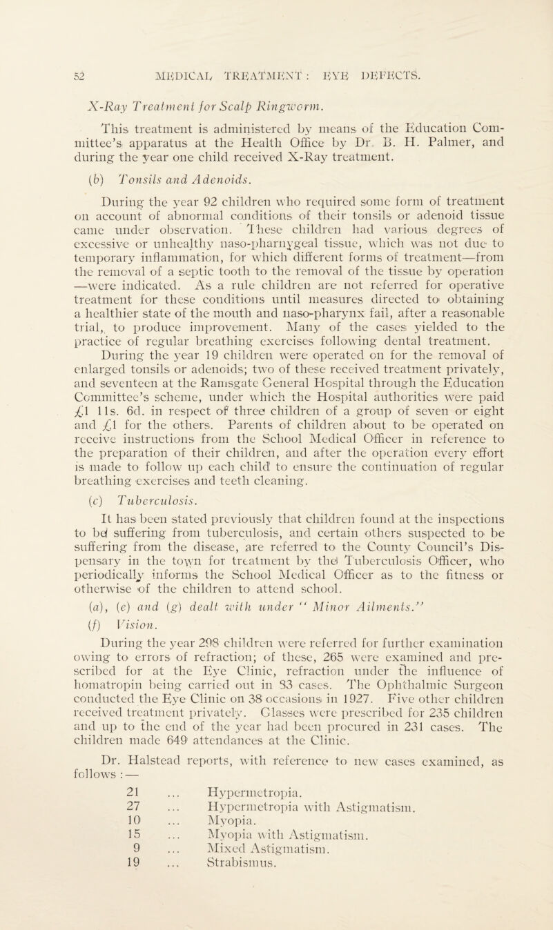 X-Ray Treatment for Scalp Ringworm. This treatment is administered by means of the Education Com¬ mittee’s apparatus at the Health Office by Dr B. H. Palmer, and during the year one child received X-Ray treatment. (6) Tonsils and Adenoids. During the year 92 children who required some form of treatment on account of abnormal conditions of their tonsils or adenoid tissue came under observation. These children had various degrees of excessive or unhealthy naso-pharnygeal tissue, which was not due to temporary inflammation, for which different forms of treatment—from the removal of a septic tooth to the removal of the tissue by operation —were indicated. As a rule children are not referred for operative treatment for these conditions until measures directed to' obtaining a healthier state of the mouth and nasopharynx fail, after a reasonable trial, to produce improvement. Many of the cases yielded to the practice of regular breathing exercises following dental treatment. During the year 19 children were operated, on for the removal of enlarged tonsils or adenoids; two of these received treatment privately, and seventeen at the Ramsgate General Hospital through the Education Committee’s scheme, under which the Hospital authorities were paid £\ 11s. fid. in respect of three children of a group of seven or eight and £\ for the others. Parents of children about to be operated on receive instructions from the School Medical Officer in reference to the preparation of their children, and after the operation every effort is made to follow up each child to ensure the continuation of regular breathing exercises and teeth cleaning. (c) Tuberculosis. It has been stated previously that children found at the inspections to bef suffering from tuberculosis, and certain others suspected to be suffering from the disease, are referred to the County Council’s Dis¬ pensary in the town for treatment by the! Tuberculosis Officer, who periodically informs the School Medical Officer as to the fitness or otherwise of the children to attend school. (a), (e) and (g) dealt with under “ Minor Ailments (/) Vision. During the year 298 children were referred for further examination owing to errors of refraction; of these, 265 were examined and pre¬ scribed for at the Eye Clinic, refraction under the influence of homatropin being carried out in S3 cases. The Ophthalmic Surgeon conducted the Eye Clinic on 38 occasions in 1927. Five other children received treatment privately. Glasses were prescribed for 235 children and up to’ the end of the year had been procured in 231 cases. The children made 649’ attendances at the Clinic. Dr. Halstead reports, with reference to new cases examined, as follows : — 21 27 10' 15 9 19 Hypermetropia. Hypermetropia with Astigmatism. Myopia. Myopia with Astigmatism. Mixed Astigmatism. Strabismus.