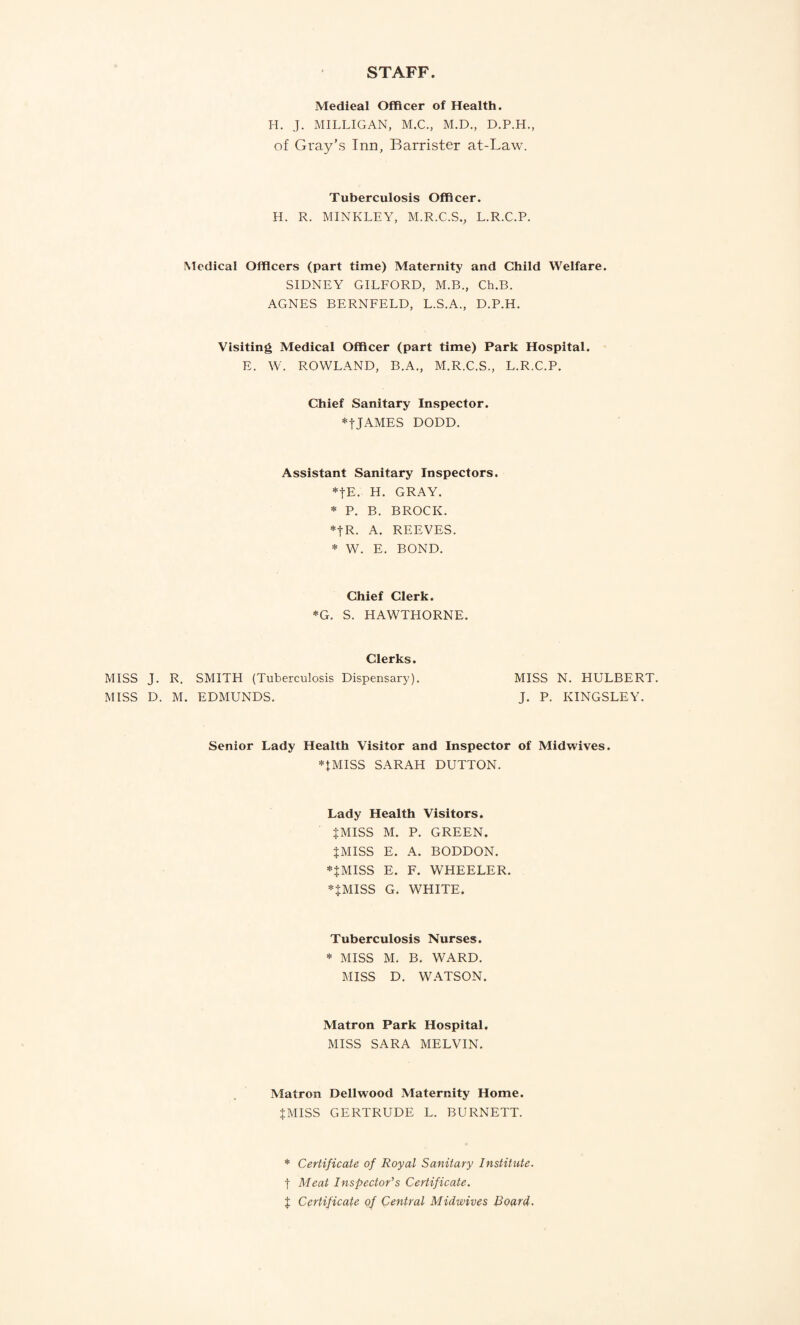 STAFF Medieal Officer of Health. H. J. MILLIGAN, M.C., M.D., D.P.H., of Gray’s Inn, Barrister at-Law. Tuberculosis Officer. H. R. MINKLEY, M.R.C.S., L.R.C.P. Medical Officers (part time) Maternity and Child Welfare. SIDNEY GILFORD, M.B., Ch.B. AGNES BERNFELD, L.S.A., D.P.H. Visiting Medical Officer (part time) Park Hospital. E. W. ROWLAND, B.A., M.R.C.S., L.R.C.P. Chief Sanitary Inspector. *fJAMES DODD. Assistant Sanitary Inspectors. *fE. H. GRAY. * P. B. BROCK. *fR. A. REEVES. * W. E. BOND. Chief Clerk. *G. S. HAWTHORNE. Clerks. MISS J. R. SMITH (Tuberculosis Dispensary). MISS N. HULBERT. MISS D. M. EDMUNDS. J. P. KINGSLEY. Senior Lady Health Visitor and Inspector of Midwives. *tMISS SARAH DUTTON. Lady Health Visitors. fMISS M. P. GREEN. tMISS E. A. BODDON. MISS E. F. WHEELER. *JMISS G. WHITE. Tuberculosis Nurses. * MISS M. B. WARD. MISS D. WATSON. Matron Park Hospital. MISS SARA MELVIN. Matron Dellwood Maternity Home. puss GERTRUDE L. BURNETT. * Certificate of Royal Sanitary Institute. f Meat Inspector's Certificate. J Certificate of Central Midwives Board.