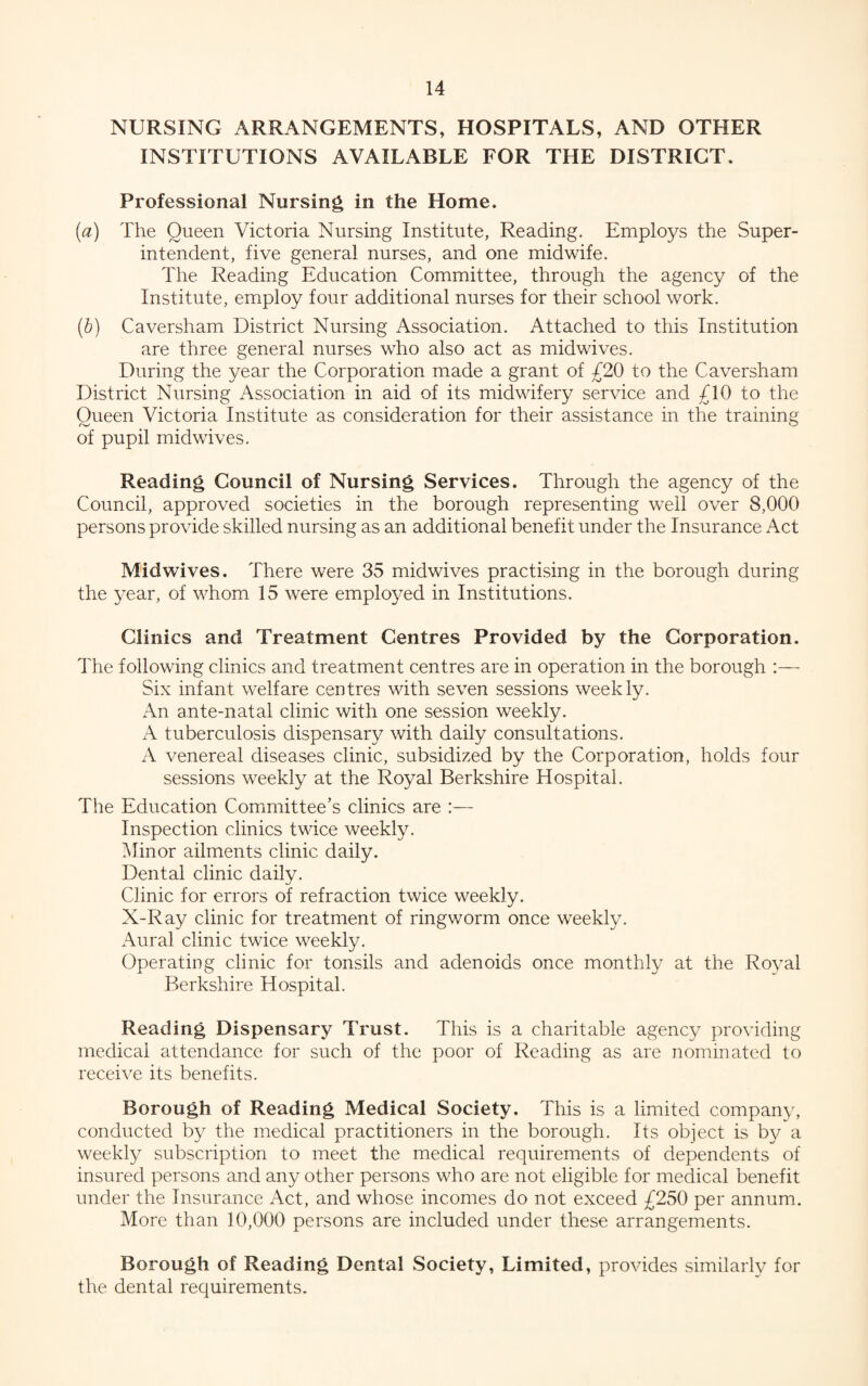 NURSING ARRANGEMENTS, HOSPITALS, AND OTHER INSTITUTIONS AVAILABLE FOR THE DISTRICT. Professional Nursing in the Home. (a) The Oueen Victoria Nursing Institute, Reading. Employs the Super¬ intendent, five general nurses, and one midwife. The Reading Education Committee, through the agency of the Institute, employ four additional nurses for their school work. (b) Caversham District Nursing Association. Attached to this Institution are three general nurses who also act as midwives. During the year the Corporation made a grant of £20 to the Caversham District Nursing Association in aid of its midwifery service and £10 to the Oueen Victoria Institute as consideration for their assistance in the training of pupil midwives. Reading Council of Nursing Services. Through the agency of the Council, approved societies in the borough representing well over 8,000 persons provide skilled nursing as an additional benefit under the Insurance Act Mid wives. There were 35 midwives practising in the borough during the year, of whom 15 were employed in Institutions. Clinics and Treatment Centres Provided by the Corporation. The following clinics and treatment centres are in operation in the borough :— Six infant welfare centres with seven sessions weekly. An ante-natal clinic with one session weekly. A tuberculosis dispensary with daily consultations. A venereal diseases clinic, subsidized by the Corporation, holds four sessions weekly at the Royal Berkshire Hospital. The Education Committee’s clinics are :— Inspection clinics twice weekly. Minor ailments clinic daily. Dental clinic daily. Clinic for errors of refraction twice weekly. X-Ray clinic for treatment of ringworm once weekly. Aural clinic twice weekly. Operating clinic for tonsils and adenoids once monthly at the Royal Berkshire Hospital. Reading Dispensary Trust. This is a charitable agency providing medical attendance for such of the poor of Reading as are nominated to receive its benefits. Borough of Reading Medical Society. This is a limited company, conducted by the medical practitioners in the borough. Its object is by a weekly subscription to meet the medical requirements of dependents of insured persons and any other persons who are not eligible for medical benefit under the Insurance Act, and whose incomes do not exceed £250 per annum. More than 10,000 persons are included under these arrangements. Borough of Reading Dental Society, Limited, provides similarly for the dental requirements.