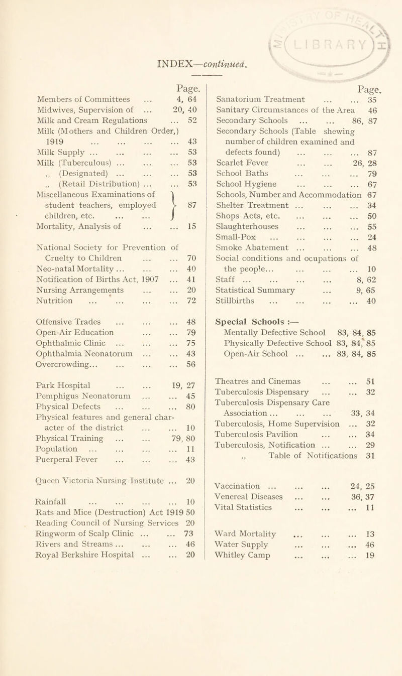 INDEX—continued. Page. Page. Members of Committees 4, 64 Sanatorium Treatment • • • ... 35 Midwives, Supervision of 20, 40 Sanitary Circumstances of the Area 46 Milk and Cream Regulations . . • 52 Secondary Schools • • • 86, 87 Milk (Mothers and Children Order,) Secondary Schools (Table shewing 1919 . . . 43 number of children examined and Milk Supply ... • . . 53 defects found) • • . ... 87 Milk (Tuberculous) ... . . . 53 Scarlet Fever . . ♦ 26, 28 ,, (Designated) ... . . . 53 School Baths . . • ... 79 ,, (Retail Distribution) ... • • a 53 School Hygiene • . . ... 67 Miscellaneous Examinations of 1 Schools, Number and Accommodation 67 student teachers, employed \ 87 Shelter Treatment ... • • • ... 34 children, etc. J Shops Acts, etc. • • • 50 Mortality, Analysis of . . • 15 Slaughterhouses • • • ... 55 Small-Pox • • • ... 24 National Society for Prevention of Smoke Abatement ... • • • ... 48 Cruelty to Children .. • 70 Social conditions and ocupations of Neo-natal Mortality ... .. • 40 the people... . . . ... 10 Notification of Births Act, 1907 •. . 41 Staff ... • • • 8, 62 Nursing Arrangements ... 20 Statistical Summary • • • 9, 65 Nutrition ... 72 Stillbirths ... ... 40 Offensive Trades 48 Special Schools :— Open-Air Education •. • 79 Mentally Defective School 83, 84, 85 Ophthalmic Clinic . * * 75 Physically Defective School 83, 84,*'85 Ophthalmia Neonatorum •. • 43 Open-Air School ... • • • 83, 84, 85 Overcrowding... ... 56 Park Hospital 19, 27 Theatres and Cinemas • • • ... 51 Pemphigus Neonatorum 45 Tuberculosis Dispensary ... ... 32 Phvsical Defects ... 80 Tuberculosis Dispensary Care Phvsical features and general char- Association ... ... 33, 34 acter of the district 10 Tuberculosis, Home Supervision ... 32 Physical Training 79, 80 Tuberculosis Pavilion ... ... 34 Population 11 Tuberculosis, Notification ... ... 29 Puerperal Fever . . . 43 ,, Table of Notifications 31 Queen Victoria Nursing Institute ... 20 Vaccination ... • • • 24, 25 Venereal Diseases • • • 36, 37 Rainfall . . . 10 1 -t Rats and Mice (Destruction) Act 1919 50 V 1 tell otcltlStlCS ••• • • • ... 11 Reading Council of Nursing Services 20 Ringworm of Scalp Clinic ... . . . 73 Ward Mortality • • • ... 13 Rivers and Streams ... • . • 46 Water Supply « • • ... 46 Royal Berkshire Hospital ... ... 20 Whitley Camp • • • ... 19