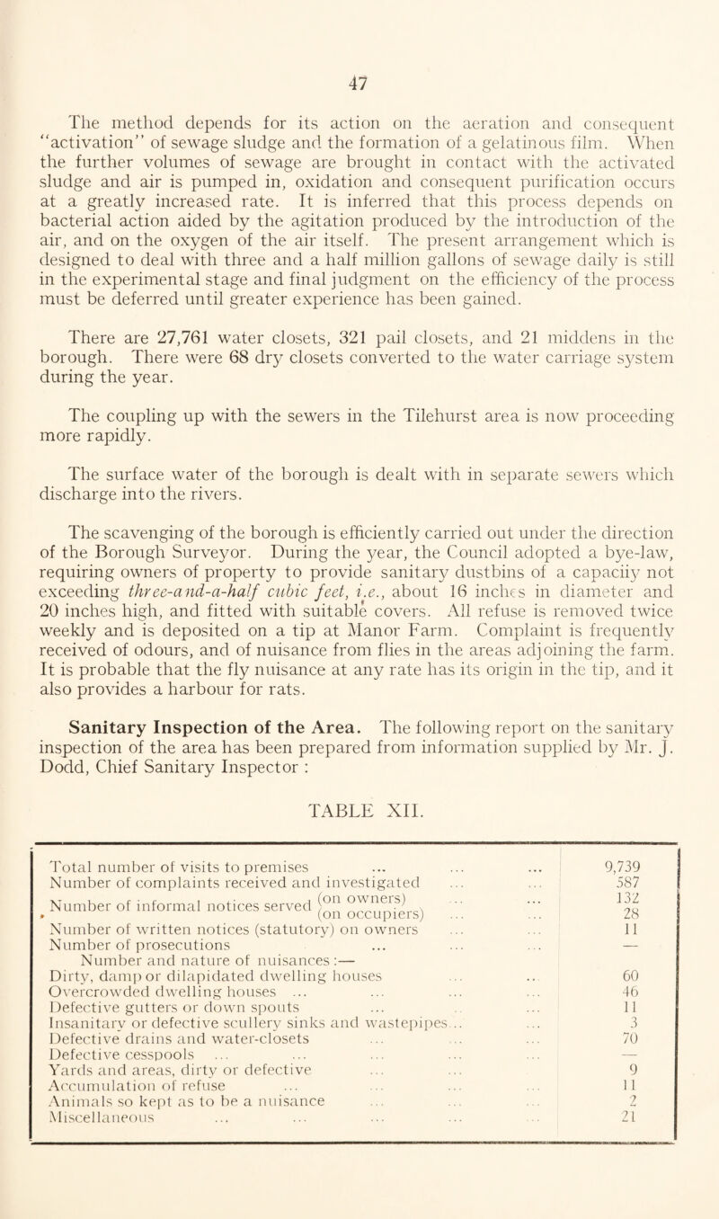 The method depends for its action on the aeration and consequent activation” of sewage sludge and the formation of a gelatinous film. When the further volumes of sewage are brought in contact with the activated sludge and air is pumped in, oxidation and consequent purification occurs at a greatly increased rate. It is inferred that this process depends on bacterial action aided by the agitation produced by the introduction of the air, and on the oxygen of the air itself. The present arrangement which is designed to deal with three and a half million gallons of sewage daily is still in the experimental stage and final judgment on the efficiency of the process must be deferred until greater experience has been gained. There are 27,761 water closets, 321 pail closets, and 21 middens in the borough. There were 68 dr}r closets converted to the water carriage system during the year. The coupling up with the sewers in the Tilehurst area is now proceeding more rapidly. The surface water of the borough is dealt with in separate sewers which discharge into the rivers. The scavenging of the borough is efficiently carried out under the direction of the Borough Surveyor. During the year, the Council adopted a bye-law, requiring owners of property to provide sanitary dustbins of a capaciiy not exceeding three-and-a-half cubic feet, i.e., about 16 inches in diameter and 20 inches high, and fitted with suitable covers. All refuse is removed twice weekly and is deposited on a tip at Manor Farm. Complaint is frequently received of odours, and of nuisance from flies in the areas adjoining the farm. It is probable that the fly nuisance at any rate has its origin in the tip, and it also provides a harbour for rats. Sanitary Inspection of the Area. The following report on the sanitary inspection of the area has been prepared from information supplied by Mr. J. Dodd, Chief Sanitary Inspector : TABLE XII. Total number of visits to premises Number of complaints received and investigated Number of informal notices served [ff 0¥^nGys) (on occupiers) Number of written notices (statutory) on owners Number of prosecutions Number and nature of nuisances :— Dirty, damp or dilapidated dwelling houses Overcrowded dwelling houses ... Defective gutters or down spouts Insanitary or defective scullery sinks and wastepipes... ... 3 Defective drains and water-closets ... .. ... 70 Defective cesspools Yards and areas, dirty or defective ... ... 9 Accumulation of refuse ... ... ... ... 11 Animals so kept as to be a nuisance ... ... ... 2 Miscellaneous ... ... ... ... ... 21 9,739 587 132 28 11 60 46