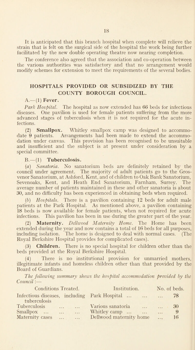 It is anticipated that this branch hospital when complete will relieve the strain that is felt on the surgical side of the hospital the work being further facilitated by the new double operating theatre now nearing completion. The conference also agreed that the association and co-operation between the various authorities was satisfactory and that no arrangement would modify schemes for extension to meet the requirements of the several bodies. HOSPITALS PROVIDED OR SUBSIDIZED BY THE COUNTY BOROUGH COUNCIL. A. — (1) Fever. Park Hospital. The hospital as now extended has 66 beds for infectious diseases. One pavilion is used for female patients suffering from the more advanced stages of tuberculosis when it is not required for the acute in¬ fections. (2) Smallpox. Whitley smallpox camp was designed to accommo¬ date 9 patients. Arrangements had been made to extend the accommo¬ dation under canvas. This provision has been recognised to be unsuitable and insufficient and the subject is at present under consideration by a special committee. B. —(1) Tuberculosis. (a) Sanatoria. No sanatorium beds are definitely retained by the council under agreement. The majority of adult patients go to the Gros- venor Sanatorium, at Ashford, Kent, and of children to Oak Bank Sanatorium, Sevenoaks, Kent, and Heath End Sanatorium, Farnham, Surrey. The average number of patients maintained in these and other sanatoria is about 30, and no difficulty has been experienced in obtaining beds when required. (b) Hospitals. There is a pavilion containing 12 beds for adult male patients at the Park Hospital. As mentioned above, a pavilion containing 18 beds is now available for female patients, when not required for acute infections. This pavilion has been in use during the greater part of the year. (2) Maternity. Dellwood Maternity Home. The Home has been extended during the year and now contains a total of 16 beds for all purposes, including isolation. The home is designed to deal with normal cases. (The Royal Berkshire Hospital provides for complicated cases). (3) Children. There is no special hospital for children other than the beds provided at the Royal Berkshire Hospital. (4) There is no institutional provision for unmarried mothers, illegitimate infants and homeless children other than that provided by the Board of Guardians. The following summary shows the hospital accommodation provided by the Council Conditions Treated. Institution. No. of beds Infectious diseases, including tuberculosis Park Hospital ... 78 Tuberculosis Various sanatoria 30 Smallpox Whitley camp ... 9 Maternity cases Dellwood maternity home 16