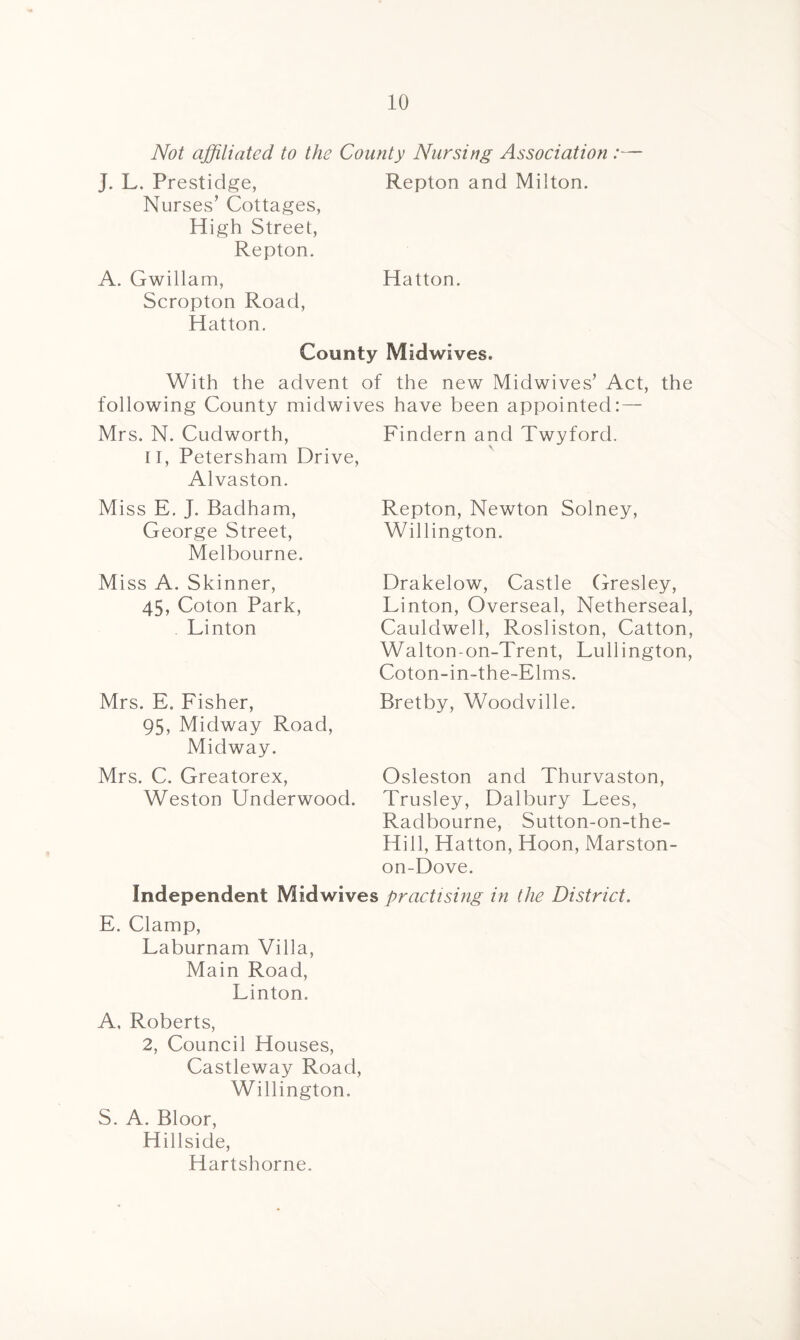 Not affiliated to the County Nursing Association :— J. L. Prestidge, Repton and Milton. Nurses’ Cottages, High Street, Repton. A. Gwillam, Hatton. Scropton Road, Hatton. County Midwives. With the advent of the new Midwives’ Act, the following County midwives have been appointed: — Mrs. N. Cudworth, Findern and Twyford. II, Petersham Drive, Alvaston. Miss E. J. Badham, George Street, Melbourne. Repton, Newton Solney, Willington. M iss A. Skinner, 45, Coton Park, Linton Drakelow, Castle Gresley, Linton, Overseal, Netherseal, Cauldwell, Rosliston, Catton, Walton-on-Trent, Luilington, Coton-in-the-Elms. Mrs. E. Fisher, 95, Midway Road, Midway. Mrs. C. Greatorex, Weston Underwood. Bretby, Woodville. Osleston and Thurvaston, Trusley, Dalbury Lees, Radbourne, Sutton-on-the- Hill, Hatton, Hoon, Marstom on-Dove. Independent Mid wives practising in the District. E. Clamp, Laburnam Villa, Main Road, Linton. A, Roberts, 2, Council Houses, Castleway Road, Willington. S. A. Bloor, Hillside, Hartshorne.