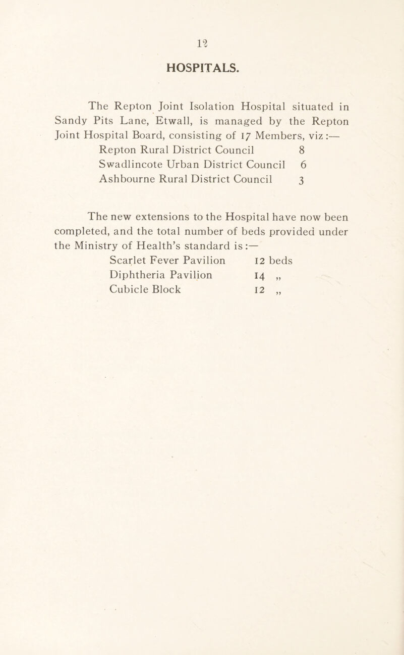 HOSPITALS. The Repton Joint Isolation Hospital situated in Sandy Pits Lane, Etwall, is managed by the Repton Joint Hospital Board, consisting of 1/ Members, viz Repton Rural District Council 8 Swadlincote Urban District Council 6 Ashbourne Rural District Council 3 The new extensions to the Hospital have now been completed, and the total number of beds provided under the Ministry of Health’s standard is:— Scarlet Fever Pavilion 12 beds Diphtheria Pavilion 14 „ Cubicle Block 12 ,,