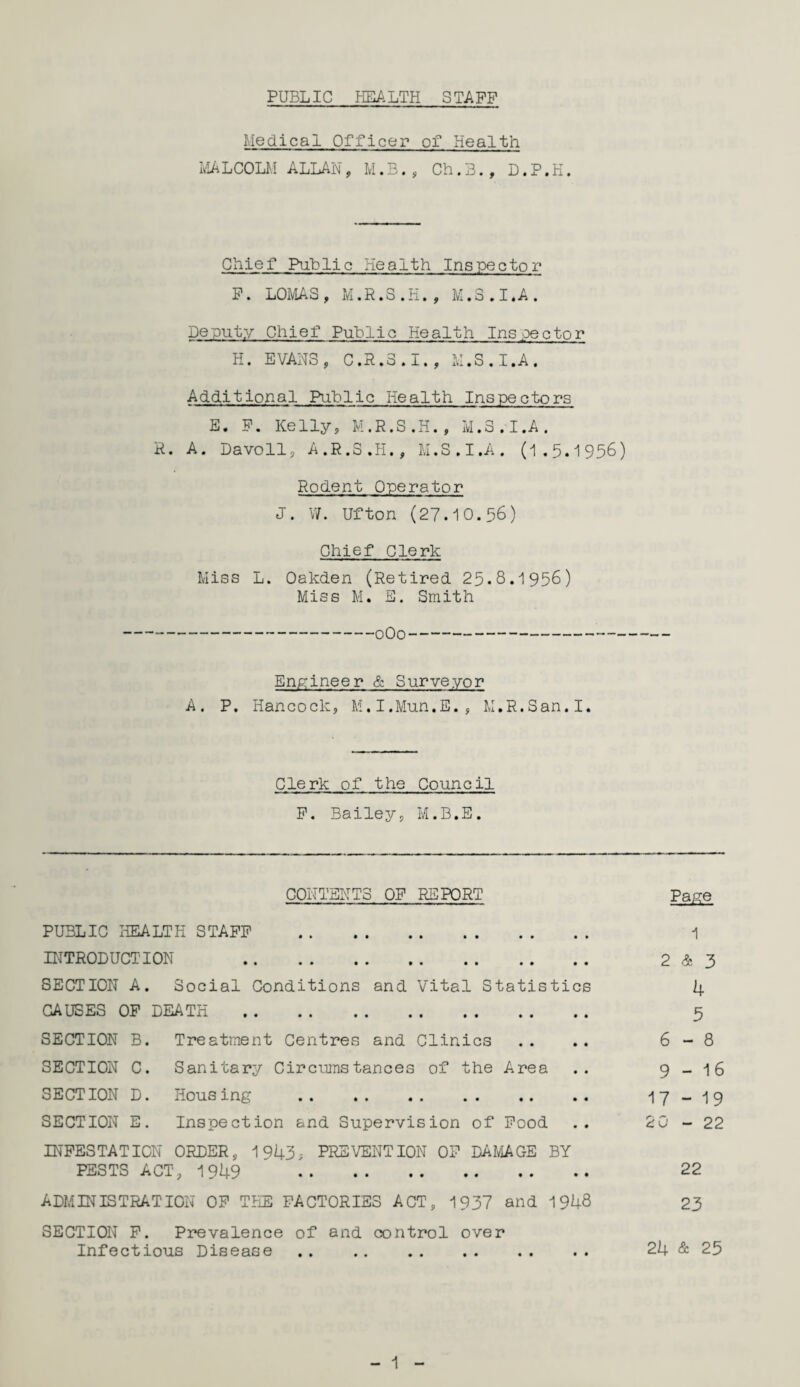 PUBLIC HEALTH S TA PP Medical Officer of Health MALCOLM ALLAN, M.B., Ch.B., D.P.H. Chief Public Health Inspector P. LOMAS, M.R.S.H., M.3.I.A. Deputy Chief Public Health Inspector H. EVANS, C.R.8.I., M.S.I.A. Additional Puhllc Health Inspectors E. P. Kelly, M.R.S.H., M.S.I.A. R. A. Davoll, A.R.3.H., M.S.I.A. (i.5.1956) Rodent Operator J. W. Ufton (27.10.56) Chief Clerk Miss L. Oakden (Retired 25.8.1956) Miss M. E. Smith -o00-- Engineer & Surveyor A. P. Hancock, M.I.Mun.E., M.R.San.I. Clerk of the Council P. Bailey, M.B.E. CONTENTS OP REPORT Page PUBLIC HEALTH STAPP . 1 INTRODUCTION . 2 & 3 SECTION A. Social Conditions and Vital Statistics 4 CAUSES OP DEATH .. .. .. .. ,. .. .. 5 SECTION B. Treatment Centres and Clinics .. .. 6-8 SECTION C. Sanitary Circumstances of the Area .. 9 _ i 6 SECTION D. Housing . 17-19 SECTION E. Inspection and Supervision of Pood .. 20 - 22 INFESTATION ORDER, 1943; PREVENTION OP DAMAGE BY PESTS ACT, 1949 22 ADMINISTRATION OP THE FACTORIES ACT, 1937 and 1948 23 SECTION P. Prevalence of and control over Infectious Disease . . . 24 & 25