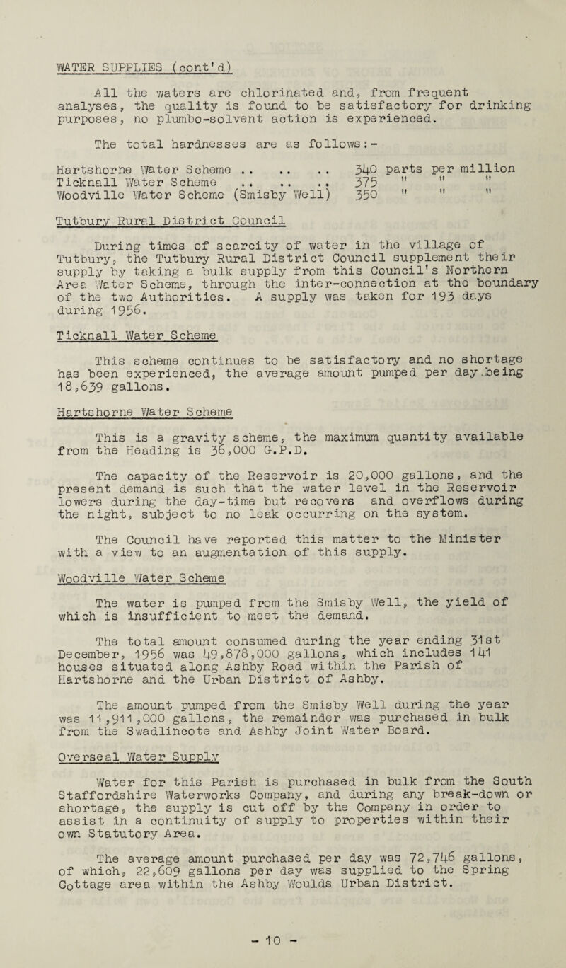 WATER SUPPLIES (cont’d) All the waters are chlorinated and, from frequent analyses, the quality is found to he satisfactory for drinking purposes, no plumho-solvent action is experienced. The total hardnesses are as follows Hartshorne Water Scheme . 340 parts per million Ticknall Water Scheme .. .. .. 375 Woodville Water Scheme (Smisby Well) 350 ” ” Tutbury Rural District Council During times of scarcity of water in the village of Tutbury, the Tutbury Rural District Council supplement their supply by taking a bulk supply from this Council’s Northern Area Water Scheme, through the inter-connection at the boundary of the two Authorities. A supply was taken for 193 days during 1956. Ticknall Water Scheme This scheme continues to be satisfactory and no shortage has been experienced, the average amount pumped per day.being 18,639 gallons. Hartshorne Water Scheme This is a gravity scheme, the maximum quantity available from the Heading is 36,000 G-.P.D. The capacity of the Reservoir is 20,000 gallons, and the present demand is such that the water level in the Reservoir lowers during the day-time but recovers and overflows during the night, subject to no leak occurring on the system. The Council have reported this matter to the Minister with a view to an augmentation of this supply. Woodville Water Scheme The water is pumped from the Smisby Well, the yield of which is insufficient to meet the demand. The total amount consumed during the year ending 31st December, 1956 was 49?878,000 gallons, which includes 141 houses situated along Ashby Road within the Parish of Hartshorne and the Urban District of Ashby. The amount pumped from the Smisby Well during the year was 11,911,000 gallons, the remainder was purchased in bulk from the Swadlincote and Ashby Joint ’Water Board. Overseal Water Supply Water for this Parish is purchased in bulk from the South Staffordshire Waterworks Company, and during any break-down or shortage, the supply is cut off by the Company in order to assist in a continuity of supply to properties within their own Statutory Area. The average amount purchased per day was 72,746 gallons, of which, 22,609 gallons per day was supplied to the Spring Cottage area within the Ashby Woulds Urban District.