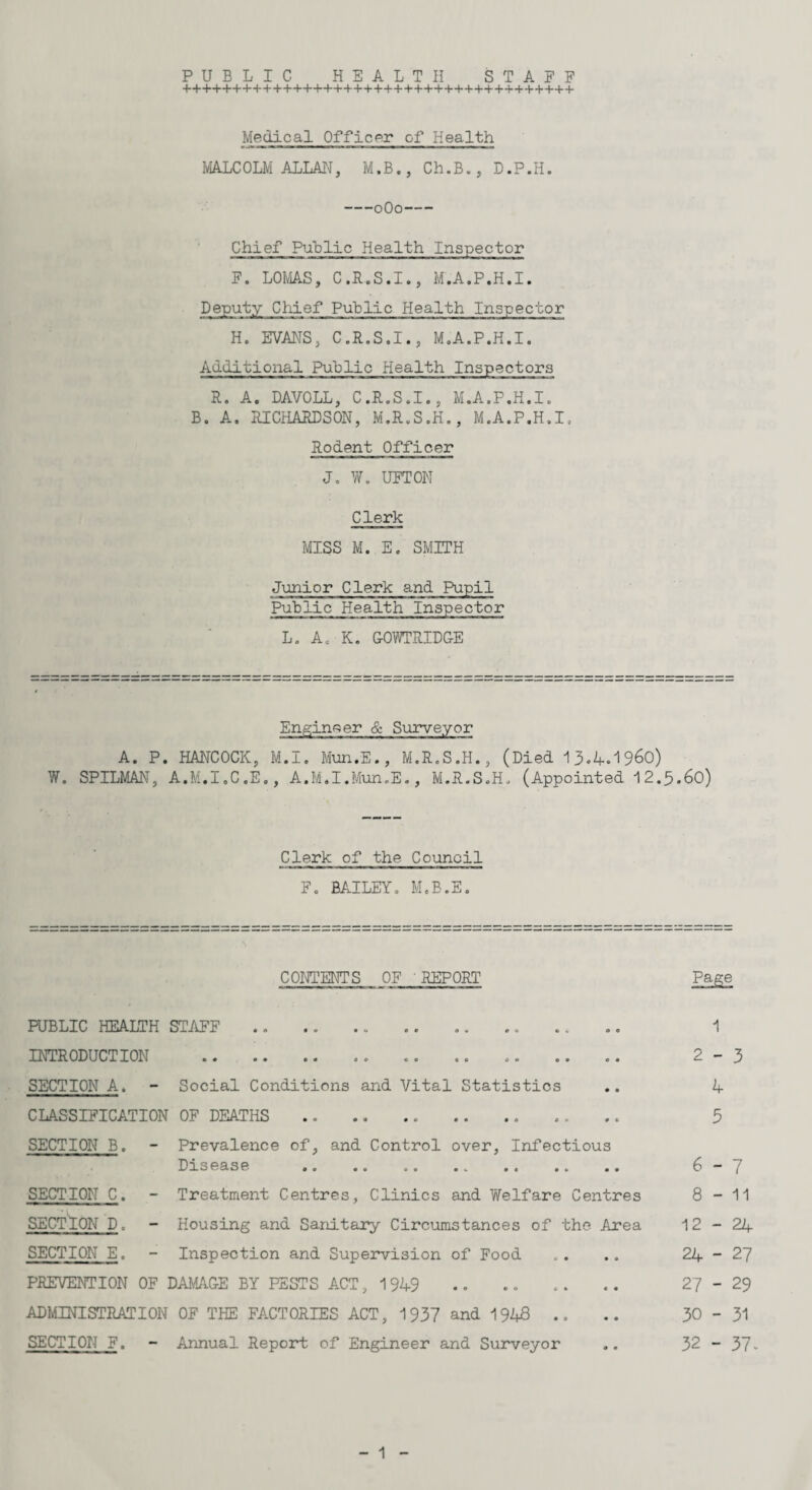 PUBLIC HEALTH STAFF Medical Officer of Health MALCOLM ALLAN, M.B., Ch.B., D.P.H —0O0— Chief Public Health Inspector F. LOMAS, C.R.S.I., M.A.P.H.I. Deputy Chief Public Health Inspector H. EVANS, C.R.S.I., M.A.P.H.I. Additional Public Health Inspectors R. A. DAVOLL, C.R.S.I., M.A.P.H.I. B. A. RICHARDSON, M.R.S.H., M.A.P.H.I, Rodent Officer J. W. UFTON Clerk MISS M. E. SMITH Junior Clerk and Pupil Public Health Inspector L. A. K. G-OWTRIDGE Engineer & Surveyor A. P. HANCOCK, M.I. Mun.E., M.R.S.H., (Died 1 3.4.i960) W. SPILMAN, A.M.I.C.E., A.M.I.Mun.E., M.R.S.H, (Appointed 12.5.60) Clerk of the Council F. BAILEY. M.B.E CONTENTS OF REPORT Page PUBLIC HEALTH STAFF .. INTRODUCTION . SECTION A. - Social Conditions and Vital Statistics CLASSIFICATION OF DEATHS.. . SECTION B. - Prevalence of, and Control over, Infectious 1 2-3 4 5 SECTION C. - Treatment Centres, Clinics and Welfare Centres SECTION D. - Housing and Sanitary Circumstances of the Area SECTION E. - Inspection and Supervision of Food PREVENTION OF DAMAGE BY PESTS ACT, 1949 .. . ADMINISTRATION OF THE FACTORIES ACT, 1937 and 1948 .. SECTION F. - Annual Report of Engineer and Surveyor Disease 6-7 8-11 12-24 24-27 27 - 29 30 - 31 32 - 37-