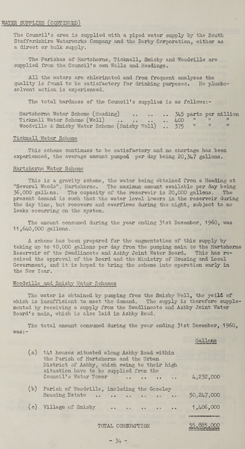 The Council’s area is supplied with a piped water supply by the South Staffordshire Waterworks Company and the Derby Corporation, either as a direct or bulk supply. The Parishes of Hartshorne, Ticknall, Smisby and Woodville are supplied from the Council’s own Wells and Headings. All the waters are chlorinated and from frequent analyses the quality is found to be satisfactory for drinking purposes. No plumbo- solvent action is experienced. The total hardness of the Council's supplies is as follows Hartshorne Water Scheme (Heading) .. .. .. 34-5 parts per million Ticknall Water Scheme (Well) .. .. .. .. 1+ 00  ”  Woodville & Smisby Water Scheme (Smisby Well) .. 375    Ticknall Water Scheme This scheme continues to be satisfactory and no shortage has been experienced, the average amount pumped per day being 20,347 gallons. Hartshorne Water Scheme This is a gravity scheme, the water being obtained from a Heading at ’’Several Woods, Hartshorne. The maximum amount available per day being 36,000 gallons. The capacity of the reservoir is 20,000 gallons. The present demand is such that the water level lowers in the reservoir during the day time, but recovers and overflows during the night, subject to no leaks occurring on the system. The amount consumed during the year ending 31 st December, i960, was 11,640,000 gallons. A scheme has been prepared for the augmentation of this supply by taking up to 10,000 gallons per day from the pumping main to the Hartshorne Reservoir of the Swadlincote and Ashby Joint Water Board. This has re¬ ceived the approval of the Board and the Ministry of Housing and Local Government, and it is hoped to bring the scheme into operation early in the New Year. Woodville and.Smisby Water Schemes The water is obtained by pumping from the Smisby Well, the yeild of which is insufficient to meet the demand. The supply is therefore supple¬ mented by receiving a supply from the Swadlincote and Ashby Joint Water Board's main, which is also laid in Ashby Road. The total amount consumed during the year ending 31st December, i960, was: - (a) Cb) (°) Gallons 141 houses situated along Ashby Road within the Parish of Hartshorne and the Urban District of Ashby, which owing to their high situation have to be supplied from the Council's Water Tower 4,232,000 Parish of Woodville, including the Gcseley Housing Estate .. Village of Smisby 30,247,000 1 ,406,000 TOTAL CONSUMPTION 35.883,000