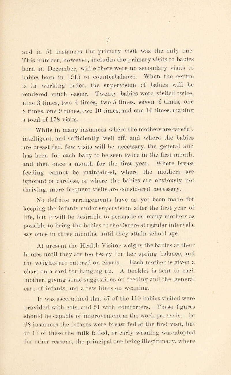 and in 51 instances the primary visit was the only one. This n umber, however, includes the primary visits to babies born in December, while there were no secondary visits to babies born in 1915 to counterbalance. When the centre is in working order, the supervision of babies will be rendered much easier. Twenty babies were visited twice, nine 3 times, two 4 times, two 5 times, seven 6 times, one 8 times, one 9 times, two 10 times, and one 14 times, making a total of 178 visits. While in many instances where the mothers are careful, intelligent, and sufficiently well off, and where the babies are breast fed, few visits will be necessary, the general aim lias been for each baby to be seen twice in the first month, and then once a month for the first year. Where breast feeding cannot be maintained, where the mothers are ignorant or careless, or where the babies are obviously not thriving, more frequent visits are considered necessary. No definite arrangements have as yet been made for keeping the infants under supervision after the first year of life, but it will be desirable to persuade as many mothers as possible to bring the babies to the Centre at regular intervals, say once in three months, until they attain school age. At present the Health Visitor weighs the babies at their homes until they are too heavy for her spring balance, and the weights are entered on charts. Each mother is given a chart on a card for hanging up. A booklet is sent to each mother, giving some suggestions on feeding and the general care of infants, and a few hints on weaning. It was ascertained that 37 of the 110 babies visited were provided with cots, and 51 with comforters. These figures should be capable of improvement as the work proceeds. In 92 instances the infants were breast fed at the first visit, but in 17 of these the milk failed, or early weaning was adopted for other reasons, the principal one being illegitimacy, where