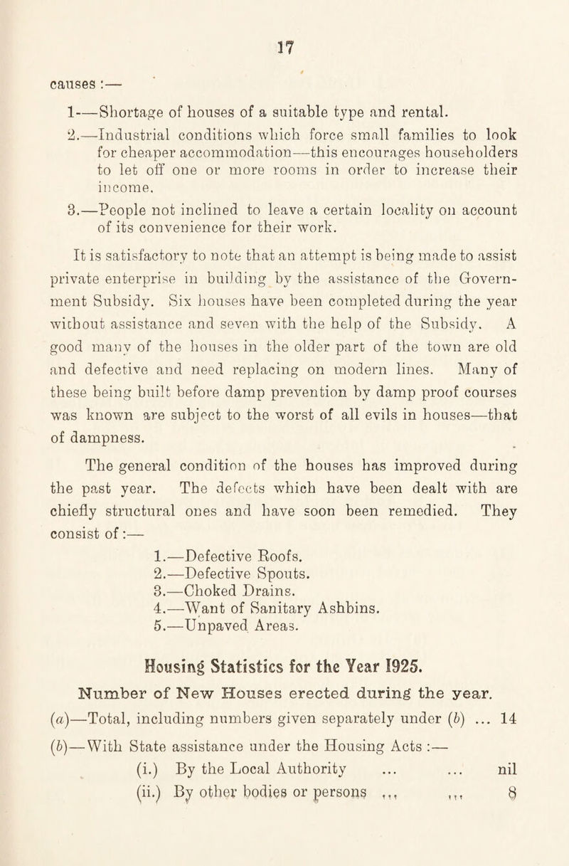 1? causes 1—Shortage of houses of a suitable type and rental. 2. —Industrial conditions which force small families to look for cheaper accommodation—this encourages householders to let off one or more rooms in order to increase their income. 3. —-People not inclined to leave a certain locality on account of its convenience for their work. It is satisfactory to note that an attempt is being made to assist private enterprise in building by the assistance of the Govern¬ ment Subsidy. Six houses have been completed during the year without assistance and seven with the help of the Subsidy. A good many of the houses in the older part of the town are old and defective and need replacing on modern lines. Many of these being built before damp prevention by damp proof courses was known are subject to the worst of all evils in houses—that of dampness. The general condition of the houses has improved during the past year. The defects which have been dealt with are chiefly structural ones and have soon been remedied. They consist of:— 1. —Defective Roofs. 2. —Defective Spouts. 3. —Choked Drains. 4. —Want of Sanitary Ashbins. 5. —Unpaved Areas. Housing Statistics for the Year 1925. Number of New Houses erected during the year. (a) —Total, including numbers given separately under (6) ... 14 (b) —With State assistance under the Housing Acts :— (i.) By the Local Authority ... ... nil