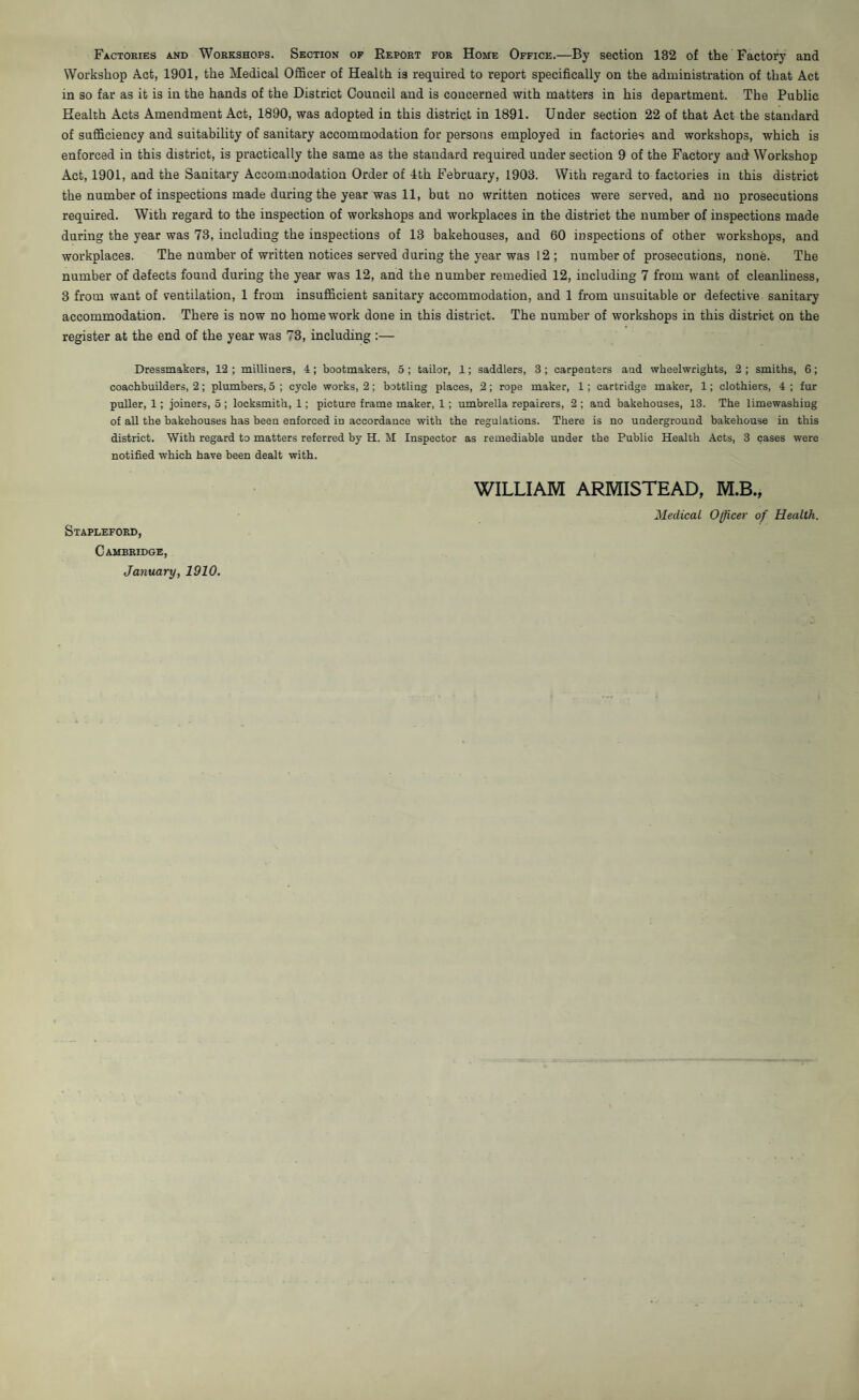 Factories and Workshops. Section of Report for Home Office.—By section 132 of the Factory and Workshop Act, 1901, the Medical Officer of Health is required to report specifically on the administration of that Act in so far as it is in the hands of the District Council and is concerned with matters in his department. The Public Health Acts Amendment Act, 1890, was adopted in this district in 1891. Under section 22 of that Act the standard of sufficiency and suitability of sanitary accommodation for persons employed in factories and workshops, which is enforced in this district, is practically the same as the standard required under section 9 of the Factory and Workshop Act, 1901, and the Sanitary Accommodation Order of 4th February, 1903. With regard to factories in this district the number of inspections made during the year was 11, but no written notices were served, and no prosecutions required. With regard to the inspection of workshops and workplaces in the district the number of inspections made during the year was 73, including the inspections of 13 bakehouses, and 60 inspections of other workshops, and workplaces. The number of written notices served during the year was 12 ; number of prosecutions, none. The number of defects found during the year was 12, and the number remedied 12, including 7 from want of cleanliness, 3 from want of ventilation, 1 from insufficient sanitary accommodation, and 1 from unsuitable or defective sanitary accommodation. There is now no homework done in this district. The number of workshops in this district on the register at the end of the year was 73, including :— Dressmakers, 12 ; milliners, 4 ; bootmakers, 5 ; tailor, 1; saddlers, 3 ; carpenters and wheelwrights, 2 ; smiths, 6; coachbuilders, 2; plumbers, 5 ; cycle works, 2; bottling places, 2; rope maker, 1; cartridge maker, 1; clothiers, 4 ; fur puller, 1; joiners, 5 ; locksmith, 1; picture frame maker, 1 ; umbrella repairers, 2 ; and bakehouses, 13. The limewashiug of all the bakehouses has been enforced in accordance with the regulations. There is no underground bakehouse in this district. With regard to matters referred by H. M Inspector as remediable under the Public Health Acts, 3 cases were notified which have been dealt with. Stapleford, Cambridge, January, 1910. WILLIAM ARMISTEAD, M.B., Medical Officer of Health.