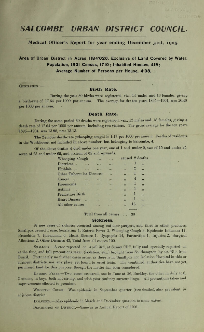 SALCOMBE URBAN DISTRICT COUNCIL Medical Officer’s Report for year ending December 31st, 1905. Area of Urban District in Acres II84'020, Exclusive of Land Covered by Water. Population, 1901 Census, 1710; Inhabited Houses, 419; Average Number of Persons per House, 4’08. Gentlemen :— Birth Rate. During tlie year 30 births were registered, viz., 14 males and 16 females, giving a birth-rate of 17.64 per 1000 per annum. The average for the ten years 1895—1904, was 20.58 per 1000 per annum. Death Rate. During the same period 30 deaths were registered, viz., 12 males and 18 females, giving a death rate of 17.64 per 1000 per annum, including two visitors. The gross average for the ten years 1895—1904, was 13.98, nett 13.13. The Zymotic death-rate (whooping cough) is 1.17 per 1000 per annum. Deaths of residents in the Workhouse, not included in above number, but belonging to Salcombe, 4. Of the above deaths 4 died under one year, one of 1 and under 5, two of 15 and under 25, seven of 25 and under 65, and sixteen of 65 and upwards. Whooping Cough Diarrhoea... Phthisis ... Other Tubercular Diseases Cancer ... Pneumonia Asthma ... Premature Birth Heart Disease All other causes Total from all causes ... 30 Sickness. 97 new cases of sickness occurred among out-door paupers, and three in other practices. Smallpox caused 1 case, Scarlatina 1, Enteric Fever 2, Whooping Cough 3, Epidemic Influenza 17, Bronchitis 7, Pneumonia 6, Heart Disease 1, Dyspepsia 14, Parturition 1, Injuries 2, Surgical Affections 2, Other Diseases 43, Total from all causes 100. Smallpox.—A case reported on April 3rd, at Sunny Cliff, fully and specially reported on at the time, and full precautions taken (isolation, etc.,) brought from Southampton by s.s. Nile from Brazil. Fortunately no further cases arose, as there is no Smallpox nor Isolation Hospital in this or adjacent districts, nor any place yet found to erect tents. The combined authorities have not yet purchased land for this purpose, though the matter has been considered. Enteric Fever.—Two cases occurred, one in June at 26, Buckley, the other in July at 6, Orestone, in boys, both not strong, and with poor sanitary surroundings. All precautions taken and improvements effected to premises. Whooping Cough.—Was epidemic in September quarter (two deaths), also prevalent in adjacent district. Influenza.—Also epidemic in March and December quarters to some extent. Description of District.—Same as in Annual Report of 1901. ed 2 deaths 1 2 1 4 1 1 1 1 16