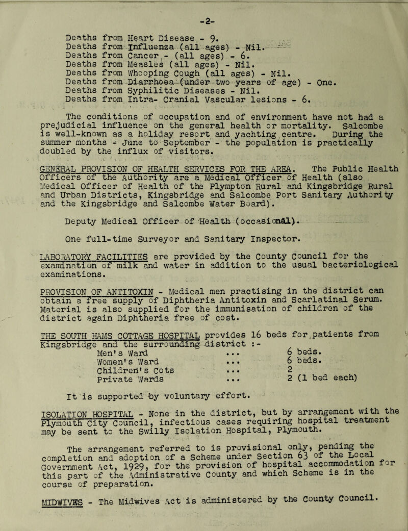 -2- Deaths from Heart Disease - 9. Deaths from influenza (all ages) - Nil.- Deaths from Cancer,- (all ages) - 6. Deaths from Measles (all ages) - Nil. Deaths from Whooping Cough (all ages) - Nil. Deaths from .Diarrhoea--(under -two years of age) - One. Deaths from Syphilitic Diseases - Nil. Deaths from Intra- Cranial Vascular lesions - 6. The conditions of occupation and of environment have not had a prejudicial influence on the general health or mortality. Salcombe is well-known as a holiday resort and yachting centre. During the summer months - June to September - the population is practically doubled by the influx of visitors. GENERAL PROVISION OF HEALTH SERVICES FOR THE AREA. The Public Health Officers of the Authority are a Medical Officer of Health (also Medical Officer of Health of the Plympton Rural and Kingsbridge Rural and Urban Districts, Kingsbridge and Salcombe Port Sanitary Authority and the Kingsbridge and Salcombe Water Board). Deputy Medical Officer-of Health (occasional). One full-time Surveyor and Sanitary Inspector. LABORATORY FACILITIES are provided by the County Council for the examination of'milk and water in addition to the usual bacteriological examinations. PROVISION OF ANTITOXIN - Medical men practising in the district can obtain aHTree supply of Diphtheria Antitoxin and Scarlatinal Serum. Material is also supplied for the immunisation of children of the district again Diphtheria free of cost. THE SOUTH HAMS COTTAGE HOSPITAL provides 16 Kingsbridge and the surrounding district :- Men’s Ward ... Women’s Ward Children’s cots ... Private Wards beds for.patients from 6 beds. 6 beds. 2 2 (1 bed each) It is supported by voluntary effort. ISOLATION HOSPITAL - None in the district, but by arrangement with the Plymouth City Council, infectious cases requiring hospital treatment may be sent to the Swilly Isolation Hospital, Plymouth. The arrangement referred to is provisional only, pending the completion and adoption of a Scheme under Section 63 the Local Government Act, 1929, for the provision of hospital accommodation tor this part of the Administrative County and which Scheme is m the course of preparation. MID WIVES - The Midwives Act is administered by the County Council.