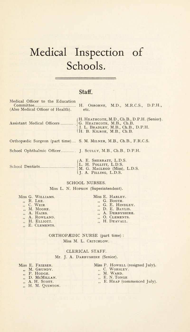 Medical Inspection of Schools. staff. Medical Officer to the Education Committee. H. Osborne, M.D., M.R.C.S., D.P.H., (Also Medical Officer of Health). etc. / H. Heathcote, M.D., Ch.B., D.P.H. (Senior). Assistant Medical Officers.J G. Heathcote, M.B., Ch.B. I J. L. Bradley, M.B., Ch.B., D.P.H. IH. B. Kilroe, M.B., Ch.B. Orthopaedic Surgeon (part time).... School Ophthalmic Officer. School Dentists. S. M. Milner, M.B., Ch.B., F.R.C.S. J. Scully, M.B., Ch.B., D.P.H. A. E. Sherratt, L.D.S. L. H. POLLITT, L.D.S. M. G. Macleod (Miss), L.D.S. J. A. Pilling, L.D.S. SCHOOL NURSES. Miss L. N. Hopson (Superintendent). Miss G. Williams. ,, R. Lee. ,, C. Weir ,, M. Moore. ,, A. Hairs. ,, A. Rowland. ,, H. Elliott. ,, E. Clements. Miss E. Harley. ,, G. Booth. ,, G. E. Hindley. ,, D. E. Baylis. ,, A. Derbyshire. ,, O. Clements. ,, H. Deavall. ORTHOPAEDIC NURSE (part time) : Miss M. L. Critchlow. CLERICAL STAFF. Mr. J. A. Darbyshire (Senior). Miss E. Frieser. „ M. Grundy. ,, P. Hodge. ,, D. McMillan. ,, A. H. Scott. ,, H. M. Quinton. Miss P. Howell (resigned July). ,, C. WORSLEY. ,, M. Ward. ,, E. N. Tonge ,, E. Heap (commenced July).