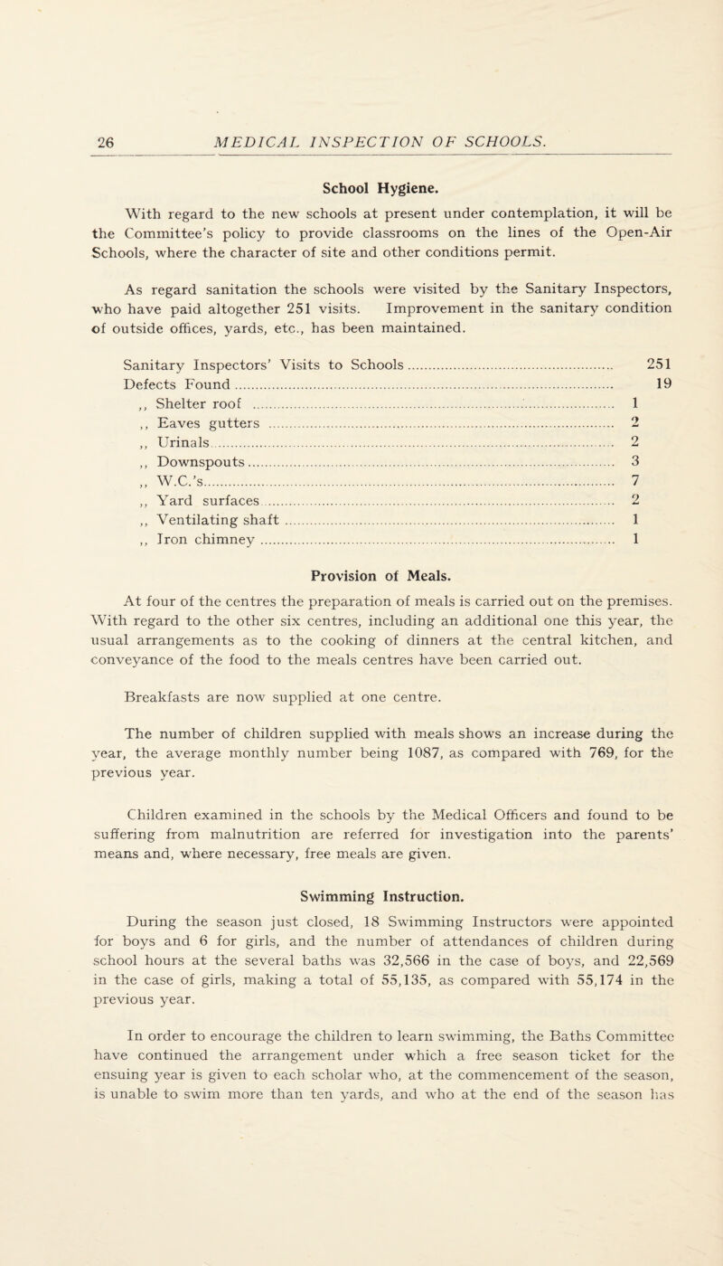 School Hygiene. With regard to the new schools at present under contemplation, it will be the Committee’s policy to provide classrooms on the lines of the Open-Air Schools, where the character of site and other conditions permit. As regard sanitation the schools were visited by the Sanitary Inspectors, ■who have paid altogether 251 visits. Improvement in the sanitary condition of outside offices, yards, etc., has been maintained. Sanitary Inspectors’ Visits to Schools. 251 Defects Found. 19 ,, Shelter roof . 1 ,, Eaves gutters . 2 ,, Urinals. 2 ,, Downspouts. 3 „ W.C.’s. 7 ,, Yard surfaces. 2 ,, Ventilating shaft . 1 ,, Iron chimney. 1 Provision of Meals. At four of the centres the preparation of meals is carried out on the premises. With regard to the other six centres, including an additional one this year, the usual arrangements as to the cooking of dinners at the central kitchen, and conveyance of the food to the meals centres have been carried out. Breakfasts are now supplied at one centre. The number of children supplied with meals shows an increase during the year, the average monthly number being 1087, as compared with 769, for the previous year. Children examined in the schools by the Medical Officers and found to be suffering from malnutrition are referred for investigation into the parents’ means and, where necessary, free meals are given. Swimming Instruction. During the season just closed, 18 Swimming Instructors were appointed for boys and 6 for girls, and the number of attendances of children during school hours at the several baths was 32,566 in the case of boys, and 22,569 in the case of girls, making a total of 55,135, as compared with 55,174 in the previous year. In order to encourage the children to learn swimming, the Baths Committee have continued the arrangement under which a free season ticket for the ensuing year is given to each scholar who, at the commencemient of the season, is unable to swim more than ten yards, and who at the end of the season lias
