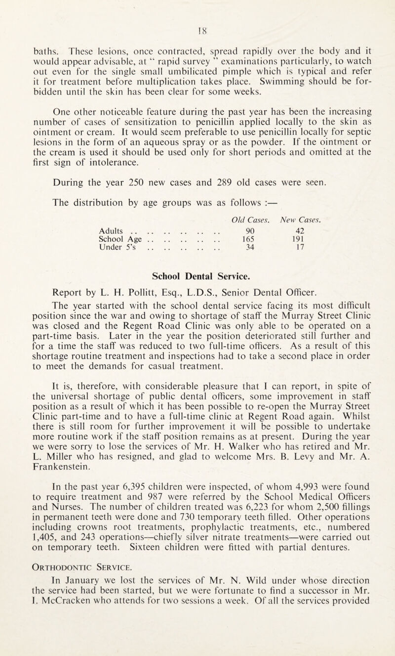 baths. These lesions, once contracted, spread rapidly over the body and it would appear advisable, at “ rapid survey ” examinations particularly, to watch out even for the single small umbilicated pimple which is typical and refer it for treatment before multiplication takes place. Swimming should be for¬ bidden until the skin has been clear for some weeks. One other noticeable feature during the past year has been the increasing number of cases of sensitization to penicillin applied locally to the skin as ointment or cream. It would seem preferable to use penicillin locally for septic lesions in the form of an aqueous spray or as the powder. If the ointment or the cream is used it should be used only for short periods and omitted at the first sign of intolerance. During the year 250 new cases and 289 old cases were seen. The distribution by age groups was as follows :— Old Cases. New Cases. 90 42 165 191 34 17 School Dental Service. Report by L. H. Pollitt, Esq., L.D.S., Senior Dental Officer. The year started with the school dental service facing its most difficult position since the war and owing to shortage of staff the Murray Street Clinic was closed and the Regent Road Clinic was only able to be operated on a part-time basis. Later in the year the position deteriorated still further and for a time the staff was reduced to two full-time officers. As a result of this shortage routine treatment and inspections had to take a second place in order to meet the demands for casual treatment. It is, therefore, with considerable pleasure that I can report, in spite of the universal shortage of public dental officers, some improvement in staff position as a result of which it has been possible to re-open the Murray Street Clinic part-time and to have a full-time clinic at Regent Road again. Whilst there is still room for further improvement it will be possible to undertake more routine work if the staff position remains as at present. During the year we were sorry to lose the services of Mr. H. Walker who has retired and Mr. L. Miller who has resigned, and glad to welcome Mrs. B. Levy and Mr. A. Frankenstein. In the past year 6,395 children were inspected, of whom 4,993 were found to require treatment and 987 were referred by the School Medical Officers and Nurses. The number of children treated was 6,223 for whom 2,500 fillings in permanent teeth were done and 730 temporary teeth filled. Other operations including crowns root treatments, prophylactic treatments, etc., numbered 1,405, and 243 operations—chiefly silver nitrate treatments—were carried out on temporary teeth. Sixteen children were fitted with partial dentures. Orthodontic Service. In January we lost the services of Mr. N. Wild under whose direction the service had been started, but we were fortunate to find a successor in Mr. I. McCracken who attends for two sessions a week. Of all the services provided Adults .. School Age Under 5’s