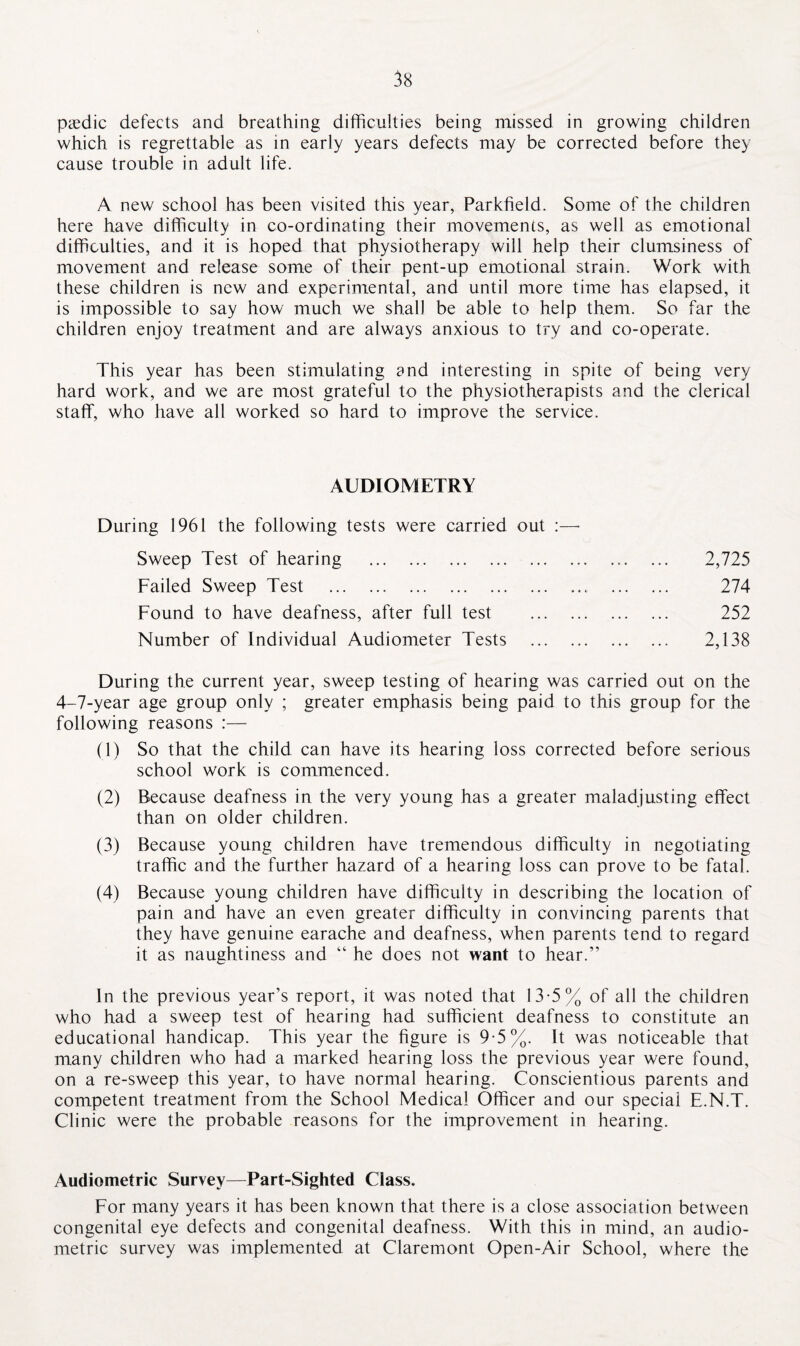 PcEdic defects and breathing difficulties being missed in growing children which is regrettable as in early years defects may be corrected before they cause trouble in adult life. A new school has been visited this year, Parkffeld. Some of the children here have difficulty in co-ordinating their movements, as well as emotional difficulties, and it is hoped that physiotherapy will help their clumsiness of movement and release some of their pent-up emotional strain. Work with these children is new and experimental, and until more time has elapsed, it is impossible to say how much we shall be able to help them. So far the children enjoy treatment and are always anxious to try and co-operate. This year has been stimulating and interesting in spite of being very hard work, and we are most grateful to the physiotherapists and the clerical staff, who have all worked so hard to improve the service. AUDIOMETRY During 1961 the following tests were carried out :—- Sweep Test of hearing . 2,725 Failed Sweep Test . 274 Found to have deafness, after full test . 252 Number of Individual Audiometer Tests . 2,138 During the current year, sweep testing of hearing was carried out on the 4-7-year age group only ; greater emphasis being paid to this group for the following reasons :— (1) So that the child can have its hearing loss corrected before serious school work is commenced. (2) Because deafness in the very young has a greater maladjusting effect than on older children. (3) Because young children have tremendous difficulty in negotiating traffic and the further hazard of a hearing loss can prove to be fatal. (4) Because young children have difficulty in describing the location of pain and have an even greater difficulty in convincing parents that they have genuine earache and deafness, when parents tend to regard it as naughtiness and “ he does not want to hear.” In the previous year’s report, it was noted that 13-5% of all the children who had a sweep test of hearing had sufficient deafness to constitute an educational handicap. This year the figure is 9-5%. It was noticeable that many children who had a marked hearing loss the previous year were found, on a re-sweep this year, to have normal hearing. Conscientious parents and competent treatment from the School Medical Officer and our special E.N.T. Clinic were the probable reasons for the improvement in hearing. Audiometric Survey—Part-Sighted Class. For many years it has been known that there is a close association between congenital eye defects and congenital deafness. With this in mind, an audio¬ metric survey was implemented at Claremont Open-Air School, where the