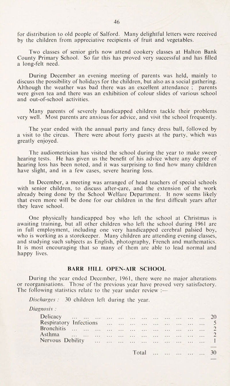 for distribution to old people of Salford. Many delightful letters were received by the children from appreciative recipients of fruit and vegetables. Two classes of senior girls now attend cookery classes at Halton Bank County Primary School. So far this has proved very successful and has filled a long-felt need. During December an evening meeting of parents was held, mainly to discuss the possibility of holidays for the children, but also as a social gathering. Although the weather was bad there was an excellent attendance ; parents were given tea and there was an exhibition of colour slides of various school and out-of-school activities. Many parents of severely handicapped children tackle their problems very well. Most parents are anxious for advice, and visit the school frequently. The year ended with the annual party and fancy dress ball, followed by a visit to the circus. There were about forty guests at the party, which was greatly enjoyed. The audiometrician has visited the school during the year to make sweep hearing tests. He has given us the benefit of his advice where any degree of hearing loss has been noted, and it was surprising to find how many children have slight, and in a few cases, severe hearing loss. In December, a meeting was arranged of head teachers of special schools with senior children, to discuss after-care, and the extension of the work already being done by the School Welfare Department. It now seems likely that even more will be done for our children in the first difficult years after they leave school. One physically handicapped boy who left the school at Christmas is awaiting training, but all other children who left the school during 1961 are in full employment, including one very handicapped cerebral palsied boy, who is working as a storekeeper. Many children are attending evening classes, and studying such subjects as English, photography, French and mathematics. It is most encouraging that so many of them are able to lead normal and happy lives. BARR HILL OPEN-AIR SCHOOL During the year ended December, 1961, there were no major alterations or reorganisations. Those of the previous year have proved very satisfactory. The following statistics relate to the year under review :— Discharges : 30 children left during the year. Diagnosis : Delicacy . 20 Respiratory Infections . 5 Bronchitis . 2 Asthma . 2 Nervous Debility . 1 Total 30