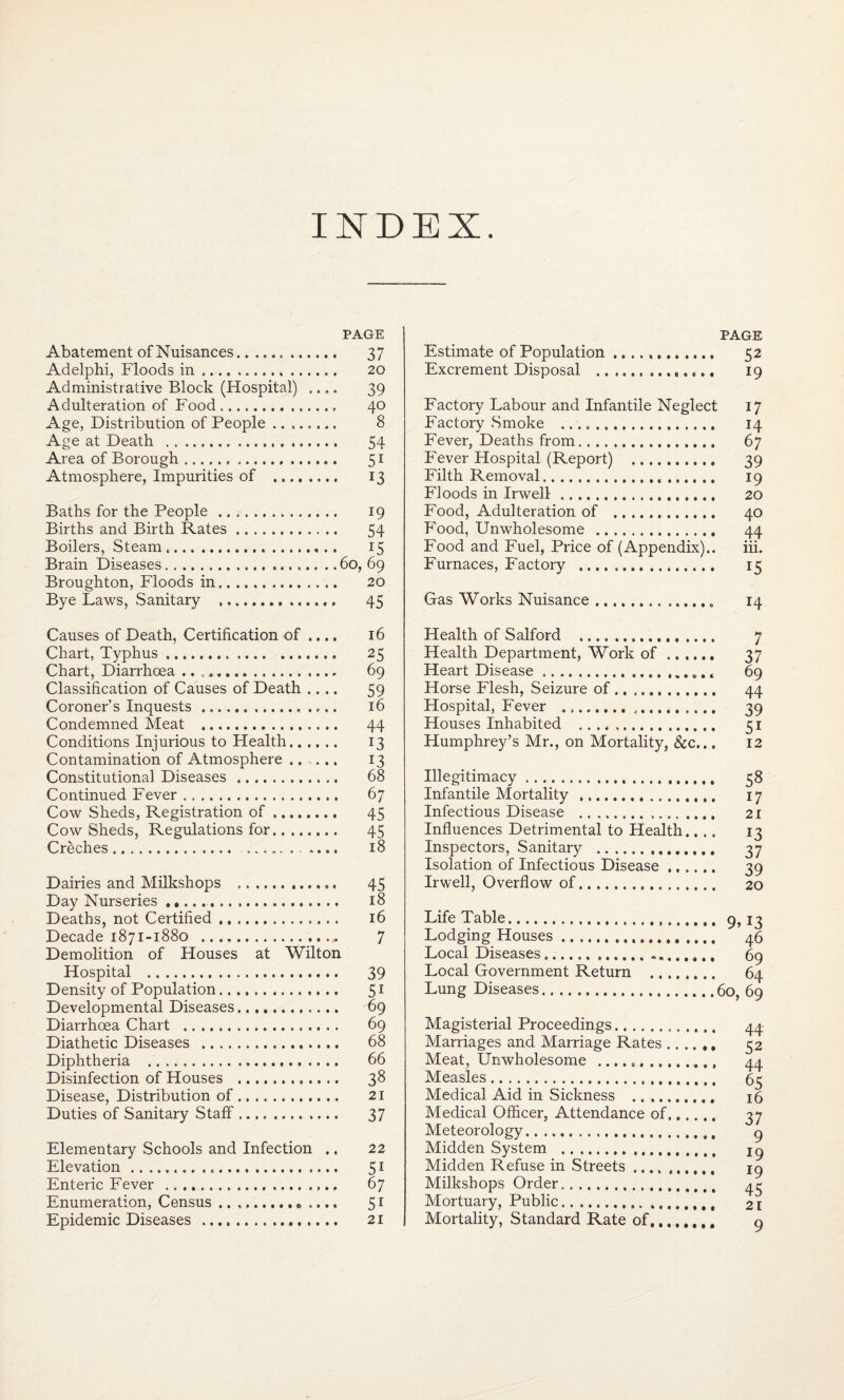 INDEX PAGE Abatement of Nuisances. . 37 Adelphi, Floods in........ 20 Administrative Block (Hospital) .... 39 Adulteration of Food.. 40 Age, Distribution of People ........ 8 Age at Death . 54 Area of Borough .. 51 Atmosphere, Impurities of . 13 Baths for the People. 19 Births and Birth Rates. 54 Boilers, Steam. 15 Brain Diseases...60, 69 Broughton, Floods in... 20 Bye Laws, Sanitary ,,....., 45 PAGE Estimate of Population... 52 Excrement Disposal .,.. 19 Factory Labour and Infantile Neglect 17 Factory Smoke ... 14 Fever, Deaths from. 67 Fever Hospital (Report) . 39 Filth Removal... 19 Floods in Irwell-. 20 Food, Adulteration of . 40 Food, Unwholesome . 44 Food and Fuel, Price of (Appendix).. iii. Furnaces, Factory . 15 Gas Works Nuisance. 14 Causes of Death, Certification of .... 16 Chart, Typhus. 25 Chart, Diarrhoea .. 69 Classification of Causes of Death .... 59 Coroner’s Inquests. 16 Condemned Meat . 44 Conditions Injurious to Health. 13 Contamination of Atmosphere. 13 Constitutional Diseases .. 68 Continued Fever. 67 Cow Sheds, Registration of. 45 CowSheds, Regulations for. 45 Creches. . .... 18 Dairies and Milkshops . 45 Day Nurseries. 18 Deaths, not Certified. 16 Decade 1871-1880 . 7 Demolition of Houses at Wilton Hospital . 39 Density of Population. 51 Developmental Diseases. 69 Diarrhoea Chart . 69 Diathetic Diseases . 68 Diphtheria .. 66 Disinfection of Houses . 38 Disease, Distribution of. 21 Duties of Sanitary Staff. 37 Elementary Schools and Infection .. 22 Elevation. 51 Enteric Fever . 67 Enumeration, Census.. .... 51 Epidemic Diseases . 21 Health of Salford . 7 Health Department, Work of. 37 Heart Disease.... 69 Horse Flesh, Seizure of. 44 Hospital, Fever .. 39 Houses Inhabited .. 51 Humphrey’s Mr., on Mortality, &c... 12 Illegitimacy. 58 Infantile Mortality . 17 Infectious Disease . 21 Influences Detrimental to Health.... 13 Inspectors, Sanitary . 37 Isolation of Infectious Disease ...... 39 Irwell, Overflow of. 20 Life Table. Lodging Houses. Local Diseases.. Local Government Return Lung Diseases. 9M3 46 69 64 60, 69 Magisterial Proceedings. Marriages and Marriage Rates , Meat, Unwholesome ........ Measles. Medical Aid in Sickness .. .. Medical Officer, Attendance of Meteorology. Midden System . Midden Refuse in Streets .... Milkshops Order. Mortuary, Public.. Mortality, Standard Rate of.., 44 52 44 65 16 37 9 19 19 45 21 9