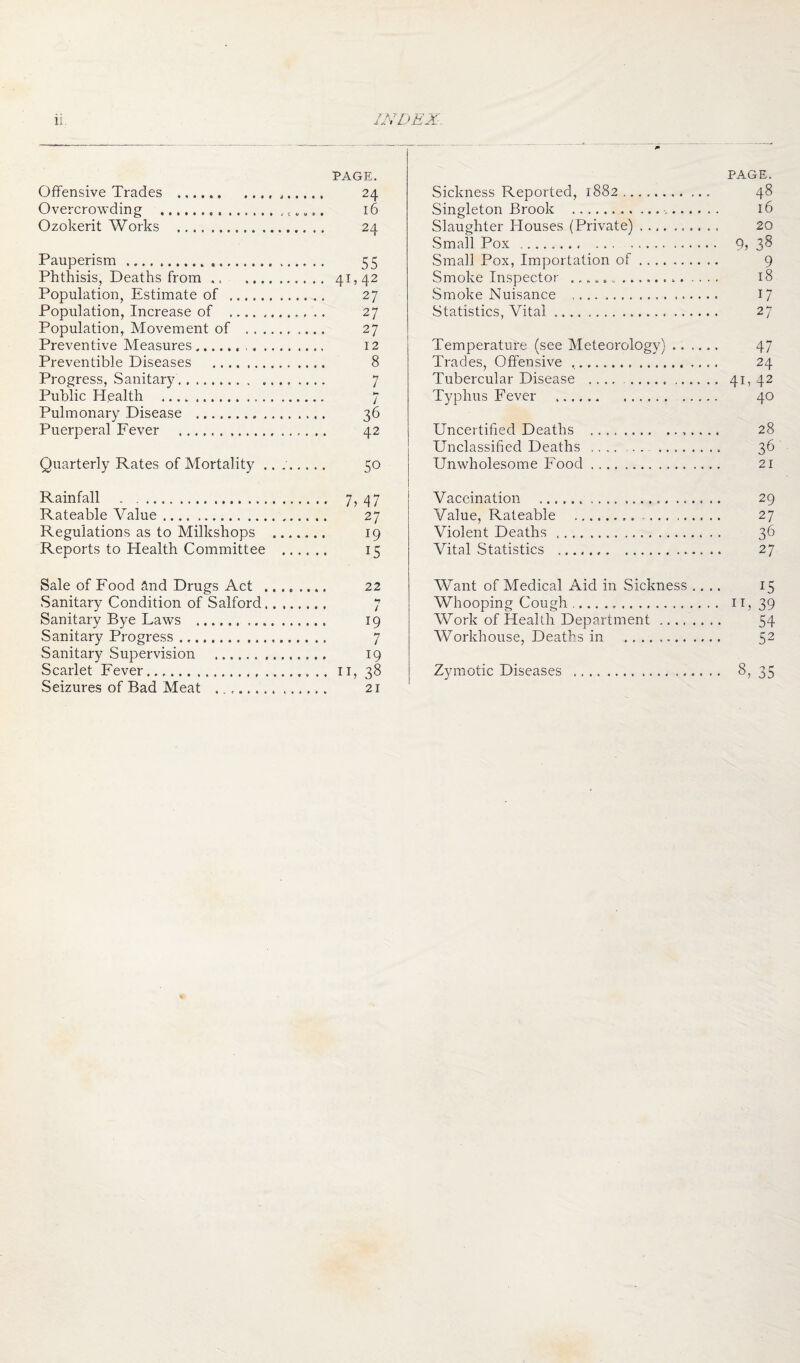 Offensive Trades . Overcrowding . Ozokerit Works . Pauperism . Phthisis, Deaths from ,. Population, Estimate of ,.., Population, Increase of ..,. Population, Movement of . . Preventive Measures...... ,, Preventible Diseases . Progress, Sanitary. Public Health .. Pulmonary Disease . Puerperal Fever . Quarterly Rates of Mortality PAGE. 24 16 24 55 41,42 27 27 27 12 8 7 7 36 42 50 Sickness Reported, 1882. Singleton Brook .. .... Slaughter Houses (Private) . .,. Small Pox. Small Pox, Importation of . . .. Smoke Inspector .. Smoke Nuisance . Statistics, Vital...... Temperature (see Meteorology) Trades, Offensive .. Tubercular Disease .. Typhus Fever . Uncertified Deaths . Unclassified Deaths .... . . . Unwholesome Food. PAGE. 48 16 20 9, 38 9 18 17 27 47 24 41, 42 40 28 36 21 Rainfall . .. .... 7,47 Rateable Value. 27 Regulations as to Milkshops .... 19 Reports to Health Committee ... 15 Sale of Food and Drugs Act .... .,.. 22 Sanitary Condition of Salford. Sanitary Bye Laws . 19 Sanitary Progress ... 7 Sanitary Supervision . 19 Scarlet Fever... Seizures of Bad Meat ... .... 21 Vaccination . 29 Value, Rateable .-. 27 Violent Deaths. 36 Vital Statistics . 27 Want of Medical Aid in Sickness .... 15 Whooping Cough .. i t, 39 Work of Health Department. 54 Workhouse, Deaths in . 52 Zymotic Diseases . 8, 35