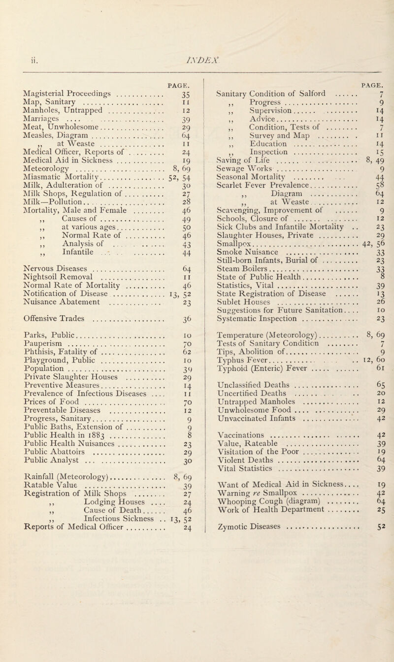 Magisterial Proceedings . PAGE. 35 Map, Sanitaiy . II Manholes, Untrapped . 12 Marriages . 39 Meat, Unwholesome. 29 Measles, Diagram. 64 ,, at Weaste . II Medical Officer, Reports of . . 24 Medical Aid in Sickness. 19 Meteorology ... .. 8, 69 Miasmatic Mortality. • • 52, 54 Milk, Adulteration of . 30 Milk Shops, Regulation of .. . 27 Milk—Pollution.. . . 28 IMortality, Male and Female . 46 ,, Causes of. 49 ,, at various ages. 50 ,, Normal Rate of . . . 46 ,, Analysis of .. , . . 43 ,, Infantile .. 44 Nervous Diseases . 64 Nightsoil Removal . II Normal Rate of Mortality ... 46 Notification of Disease . • • 13, 52 Nuisance Abatement . 23 Offensive Trades . 36 PAGE. Sanitary Condition of Salford . 7 ,, Progress. 9 ,, Supervision. 14 ,, Advice. 14 ,, Condition, Tests of . 7 ,, Survey and Map . ii ,, Education . 14 ,, Inspection . 15 Saving of Life . 8, 49 Sewage Works . 9 Seasonal Mortality . ... 44 Scarlet Fever Prevalence. 58 ,, Diagram . 64 ,, at Weaste. 12 Scavenging, Improvement of . 9 Schools, Closure of . 12 Sick Clubs and Infantile Mortality .. 23 Slaughter Houses, Private . 29 Smallpox.42, 56 Smoke Nuisance . 33 Still-born Infants, Burial of. 23 Steam Boilers. 33 State of Public Health .. 8 Statistics, Vital. 39 State Registration of Disease . 13 Sublet Houses . 26 Suggestions for Future Sanitation.... 10 Systematic Inspection . 23 Parks, Public. 10 Pauperism . 70 Phthisis, Fatality of. 62 Playground, Public . lo Population. 39 Private Slaughter Houses . 29 Preventive Measures. 14 Prevalence of Infectious Diseases .... 11 Prices of Food . 70 Preventable Diseases . 12 Progress, Sanitary. 9 Public Baths, Extension of. 9 Public Health in 1883 . 8 Public Health Nuisances. 23 Public Abattoirs . 29 Public Analyst . 30 Rainfall (Meteorology). 8, 69 Ratable Value . 39 Registration of Milk Shops . 27 ,, Lodging Houses .... 24 ,, Cause of Death. 46 ,, Infectious Sickness .. 13, 52 Reports of Medical Officer. 24 Temperature (Meteorology). ... 8, 69 Tests of Sanitary Condition . *>T Tips, Abolition of. 9 Typhus Fever. . . 12, 60 Typhoid (Enteric) Fever. 61 Unclassified Deaths . ... 65 Uncertified Deaths . . . 20 Untrapoed Manholes . 12 Unwholesome Food. ... 29 Unvaccinated Infants . 42 Vaccinations . Value, Rateable . 39 Visitation of the Poor. 19 Violent Deaths. Vital Statistics . Want of Medical Aid in Sickness. 19 Warning re Smallpox . 42 Whooping Cough (diagram) . 64 Work of Health Department. 25 Zymotic Diseases . 52