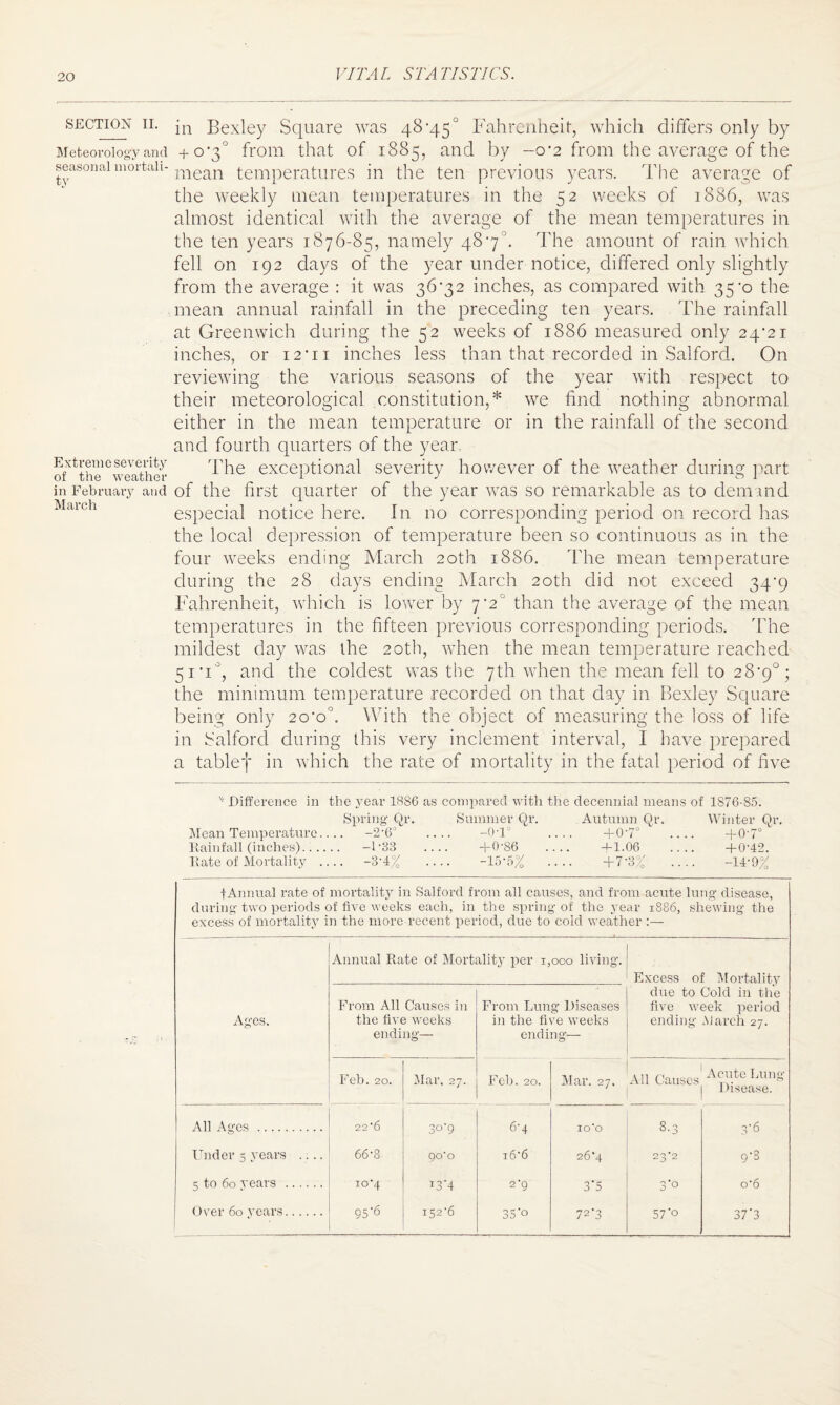 section ii. jn Bexley Square was 48 '45° Fahrenheit, which differs only by Meteorology and + o*3° from that of 1885, and by -0*2 from the average of the seasonal mortali¬ ty of mean temperatures in the ten previous years. The average the weekly mean temperatures in the 52 weeks of 1886, was almost identical with the average of the mean temperatures in the ten years 1876-85, namely 487°. The amount of rain which fell on 192 days of the year under notice, differed only slightly from the average : it was 36*32 inches, as compared with 35*0 the mean annual rainfall in the preceding ten years. The rainfall at Greenwich during the 52 weeks of 1886 measured only 24*21 inches, or 12*11 inches less than that recorded in Salford. On reviewing the various seasons of the year with respect to their meteorological constitution,* we find nothing abnormal either in the mean temperature or in the rainfall of the second and fourth quarters of the year. ofXttheieweather The exceptional severity however of the weather during part in February and of the first quarter of the year wras so remarkable as to demand especial notice here. In no corresponding period on record has the local depression of temperature been so continuous as in the four weeks ending March 20th 1886. The mean temperature during the 28 days ending March 20th did not exceed 34*9 Fahrenheit, which is lower by 7*2 than the average of the mean temperatures in the fifteen previous corresponding periods. The mildest day was the 20th, when the mean temperature reached 51*1°, and the coldest was the 7th when the mean fell to 28*9°; the minimum temperature recorded on that day in Bexley Square being only 20*0°. With the object of measuring the loss of life in Salford during this very inclement interval, I have prepared a tablef in which the rate of mortality in the fatal period of five March v Difference in the year 18SG as compared with the decennial means of 1S76-S5. Spring Qr. Summer Qr. Autumn Qr. Winter Qr. Mean Temperature.... -2,6° .... -0-1° .... +0-7° .... +0'7° Rainfall (inches). -D33 .... -f0'86 .... -f-1.06 .... +0,42. Rate of Mortality - -3’4% - -15*5% .... +7*3% .... -14 9% fAnnual rate of mortality in Salford from all causes, and from acute lung disease, during two periods of five weeks each, in the spring of the year 1886, shewing the excess of mortality in the more recent period, due to cold weather :— Annual Rate of Mortality per 1, 000 living. Excess of Mortality due to Cold in the five week period ending March 27. Ages. From All Causes in the five weeks ending— From Lung Diseases in the five weeks ending— Feb. 20. Mar, 27. Feb. 20. Mar. 27. All Causes Acute Lung Disease. All Ages . 22*6 3o*9 6*4 10*0 3-3 3*6 Under 5 years .... 66-8 QO’O 16 *6 26*4 23*2 9*3 5 to 60 years . 10*4 13*4 2*9 3*5 3*° o*6 Over 60 years. 95*6 IS2'6 35*o 72*3 57*o 37*3